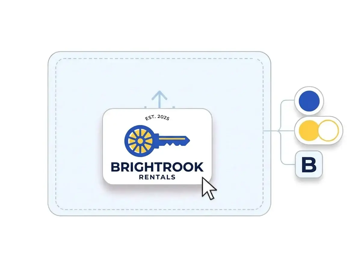 Brightrook Rentals logo, a key with a wheel shaped bow in royal blue and yellow, dropped into the LOGO.com upload box with its colors picked out