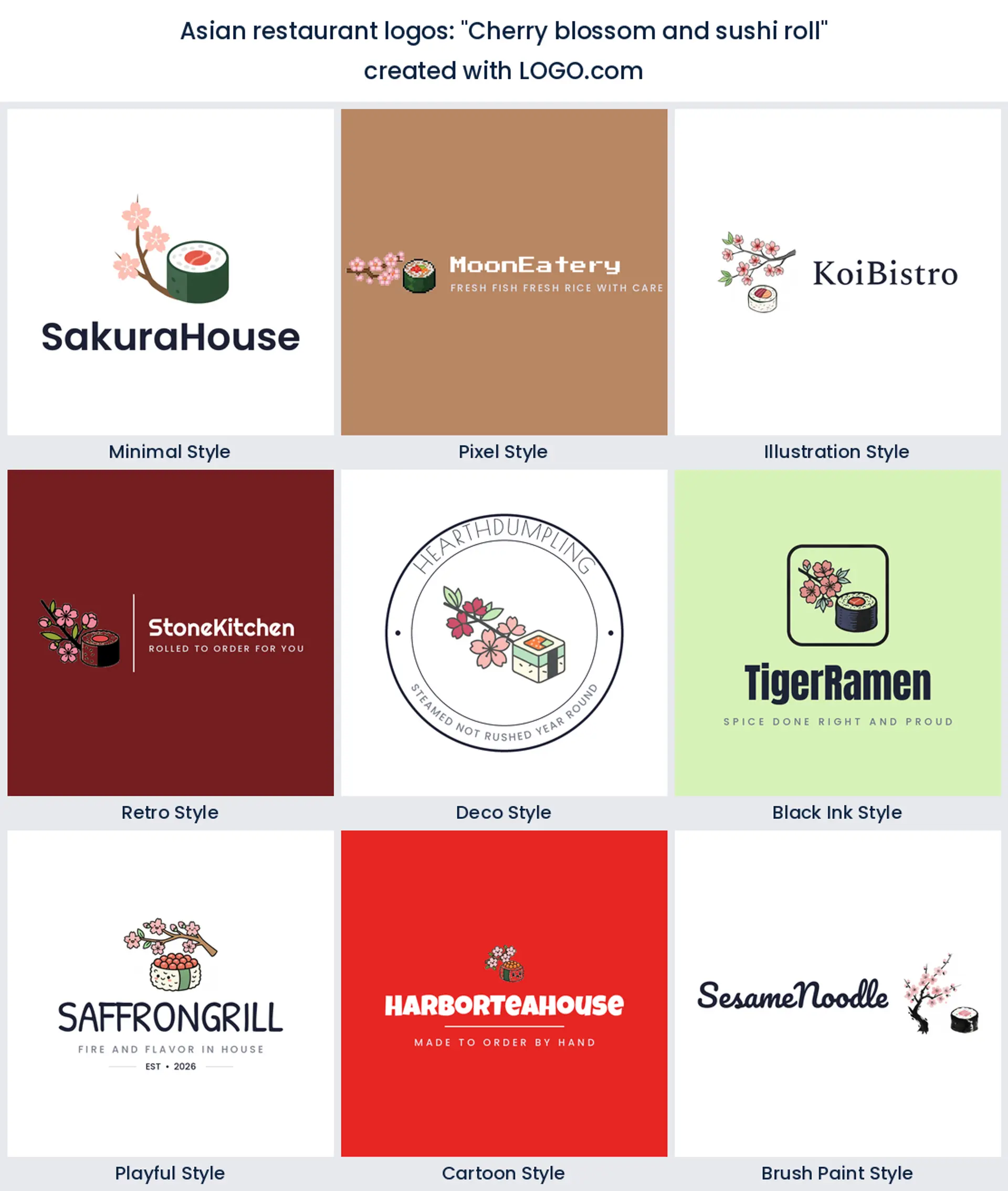 Cherry blossom and sushi roll Asian restaurant logo in nine styles.