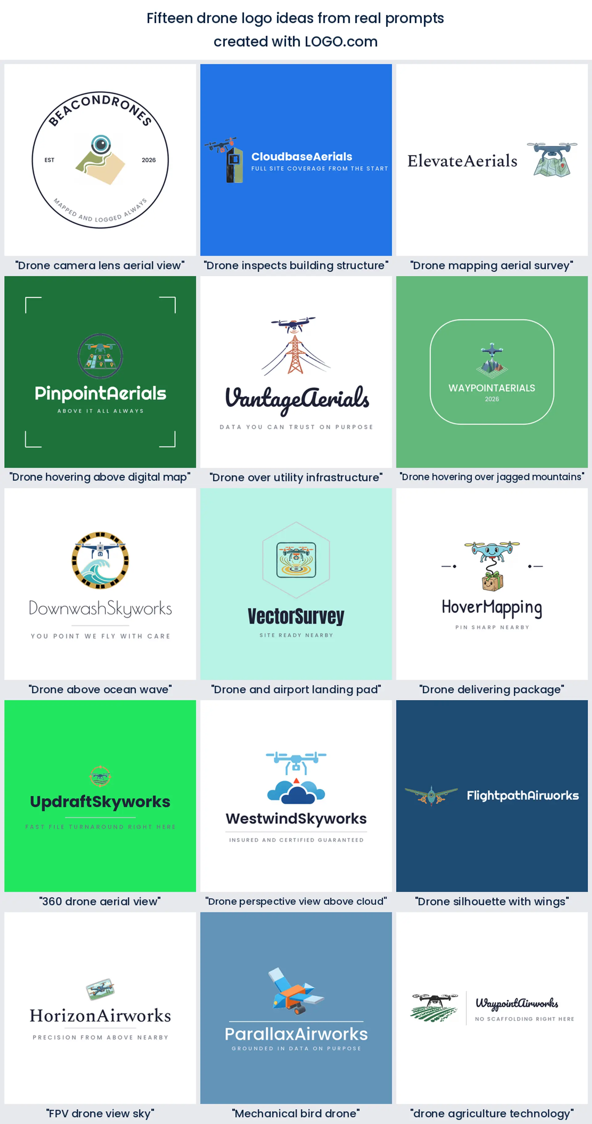 Fifteen drone logo ideas from real founder prompts, shown as a drone logo grid across nine LOGO.com styles