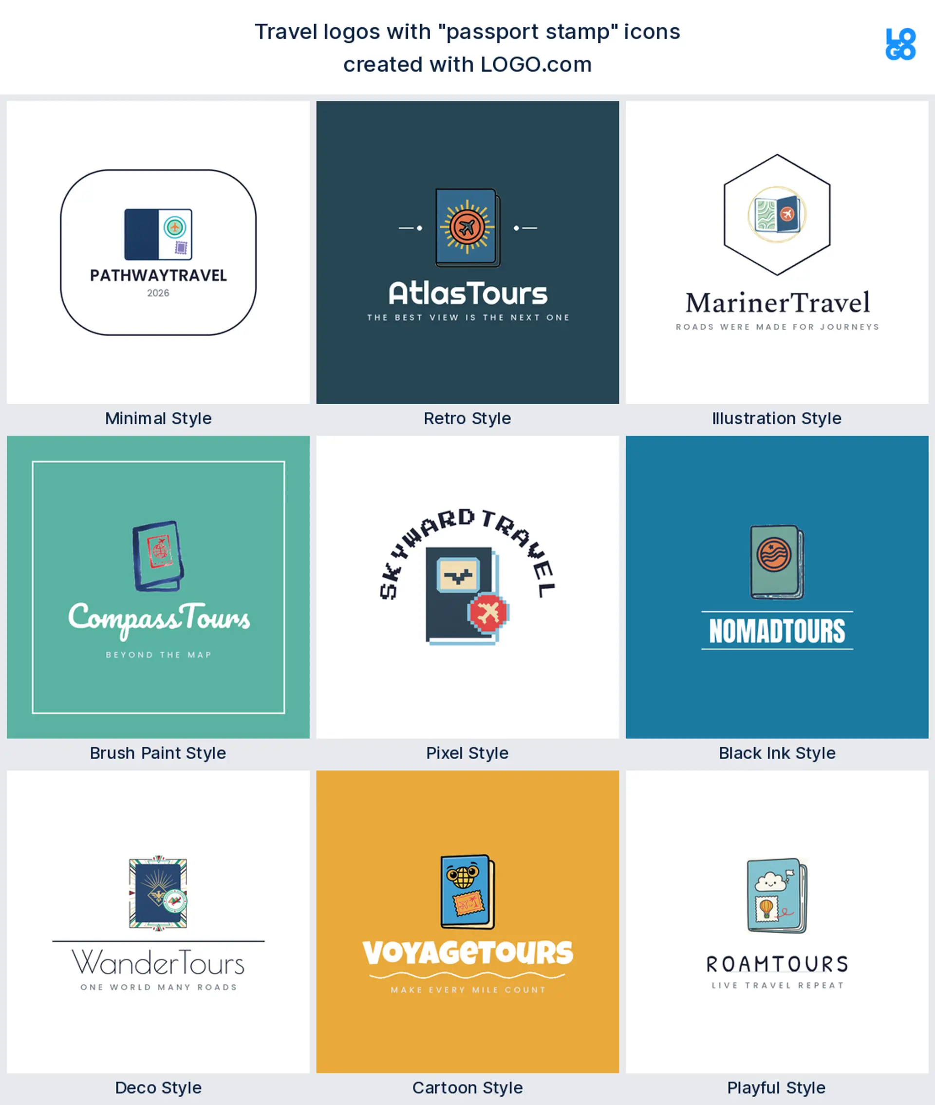 Passport stamp, pixel travel logo shown in nine LOGO.com styles