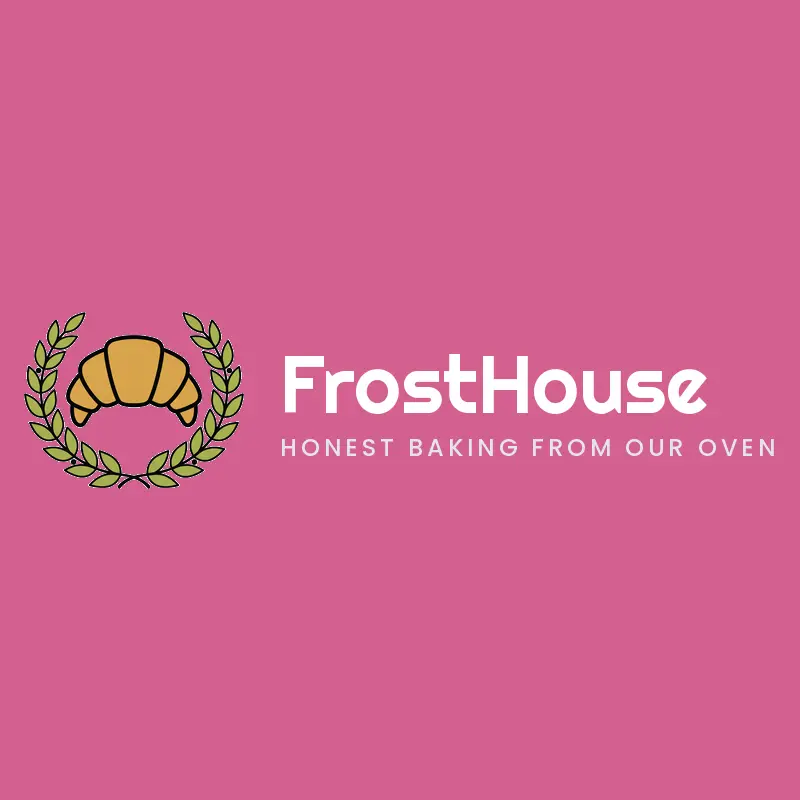 A retro croissant and laurel wreath bakery logo on a pink background.