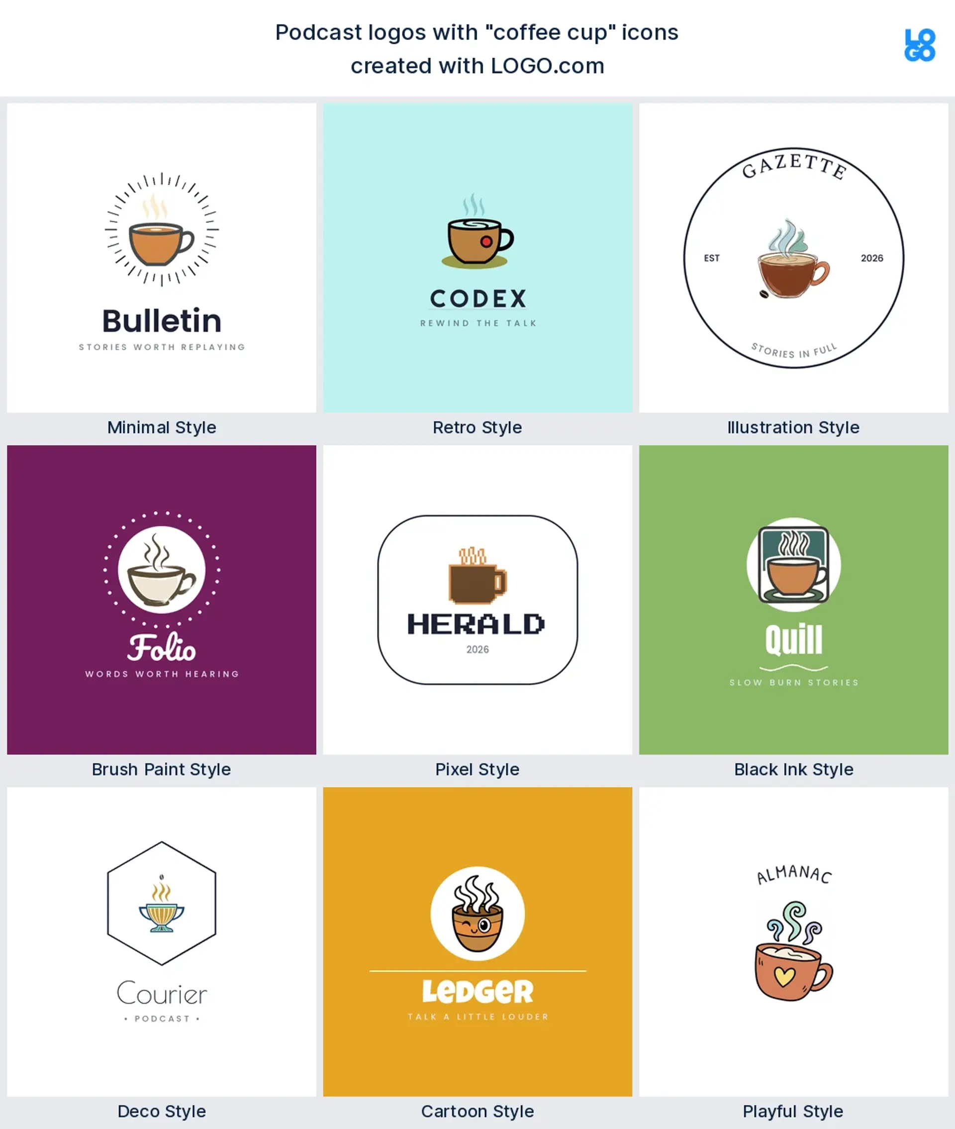 Coffee cup podcast logo shown in nine LOGO.com styles