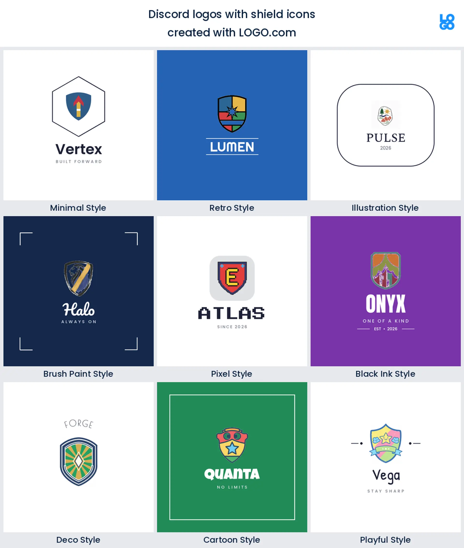 Shield discord server logo shown in nine LOGO.com styles