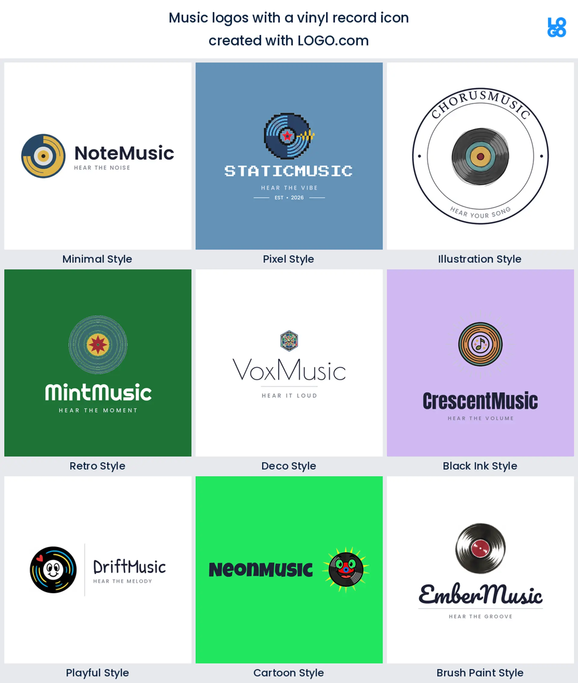 Vinyl record logo shown in nine LOGO.com styles