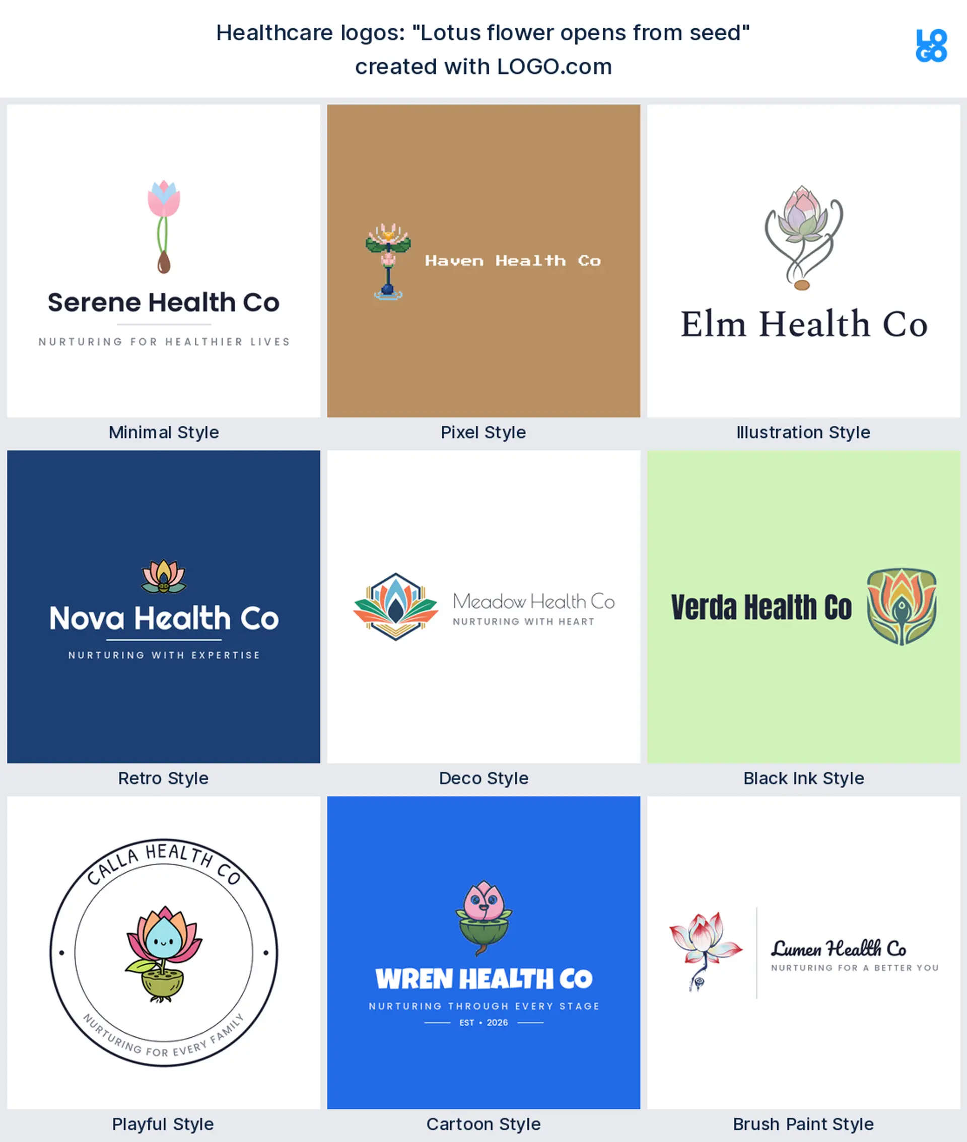 The "Lotus flower opens from seed" healthcare logo idea shown across nine LOGO.com styles