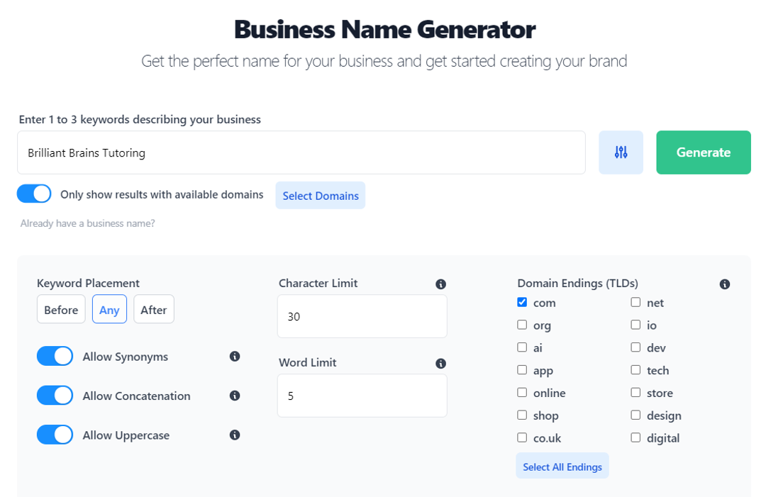 Our handy business name generator