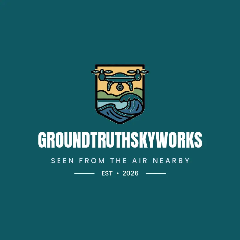 Bold drone above an ocean wave logo for GroundtruthSkyworks