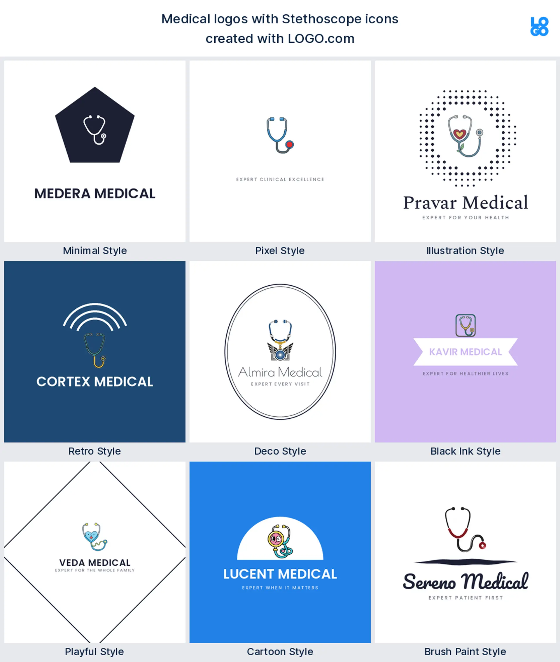 Stethoscope shown across nine LOGO.com medical logo styles