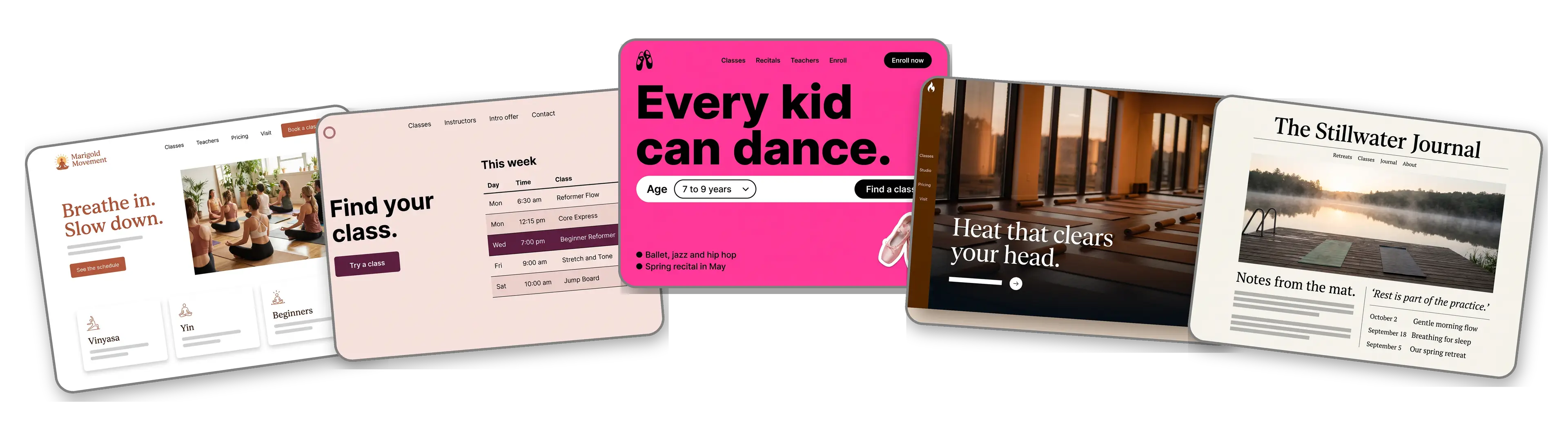 Five studio websites built with LOGO.com from a logo upload: a neighborhood yoga studio, a reformer pilates studio with a class table, a kids dance studio, a hot yoga studio and a yoga retreat journal