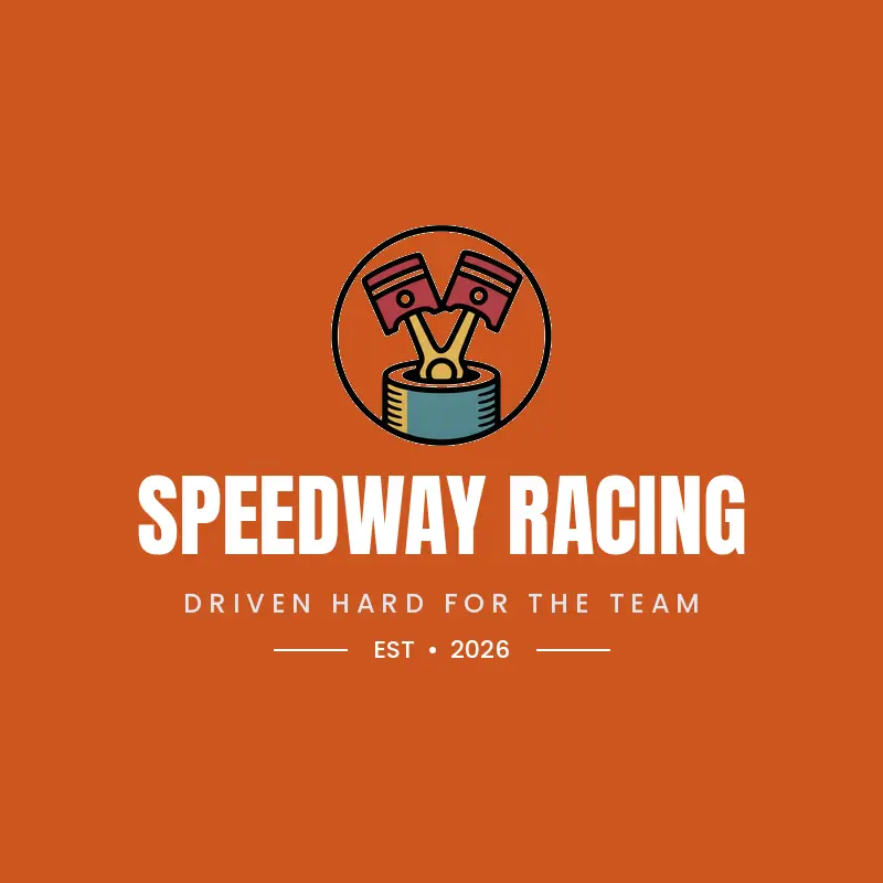A bold ink engine and piston mark on orange beside a performance shop name.
