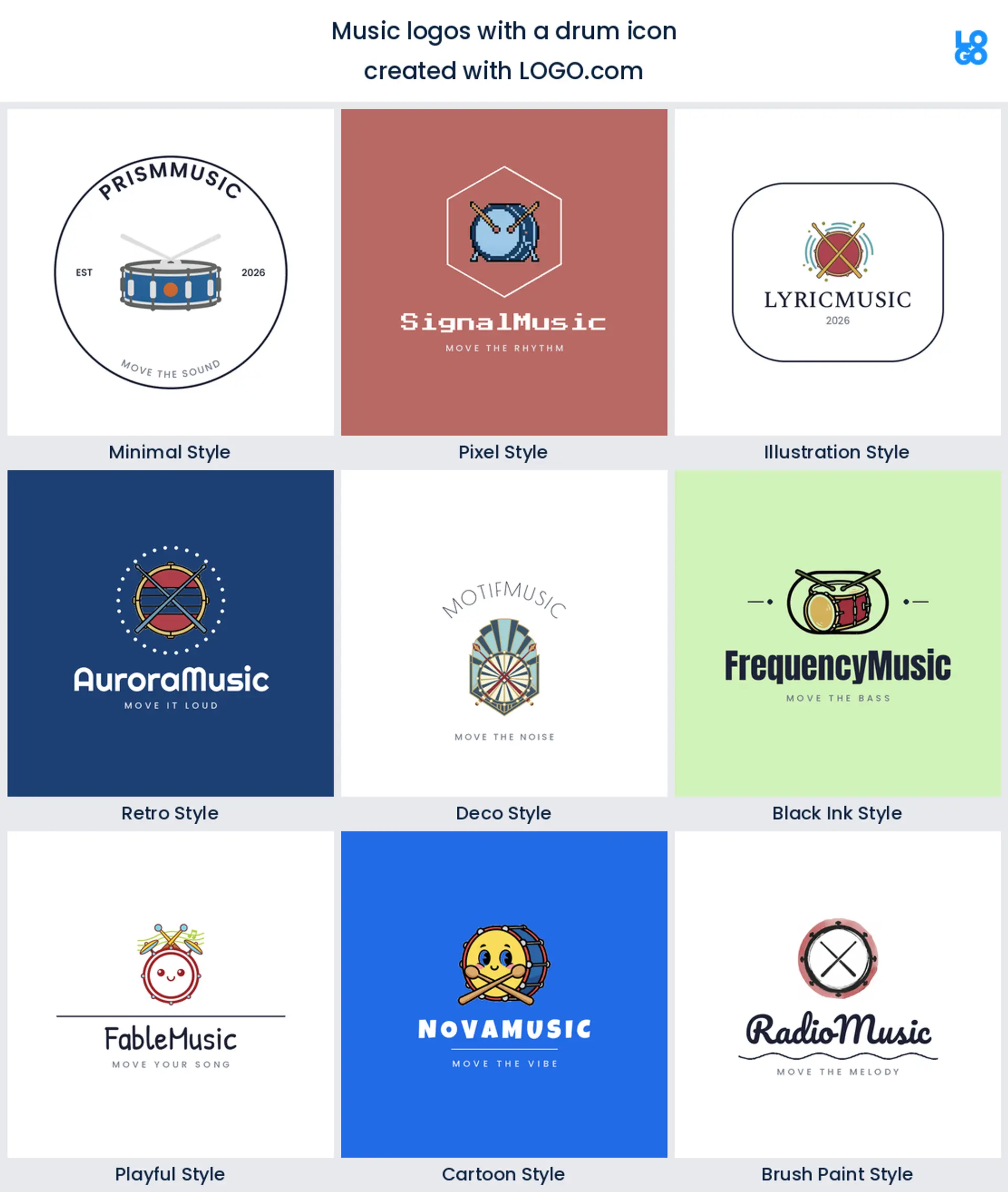 Drum and drumsticks logo shown in nine LOGO.com styles
