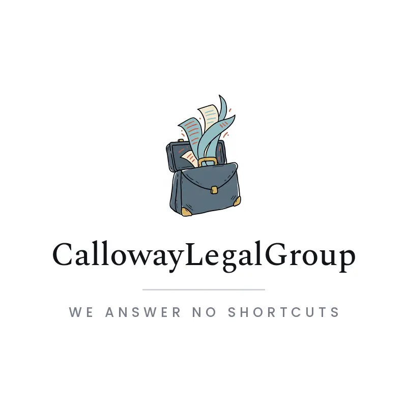 Illustrated legal firm logo for CallowayLegalGroup with papers spilling from an open briefcase