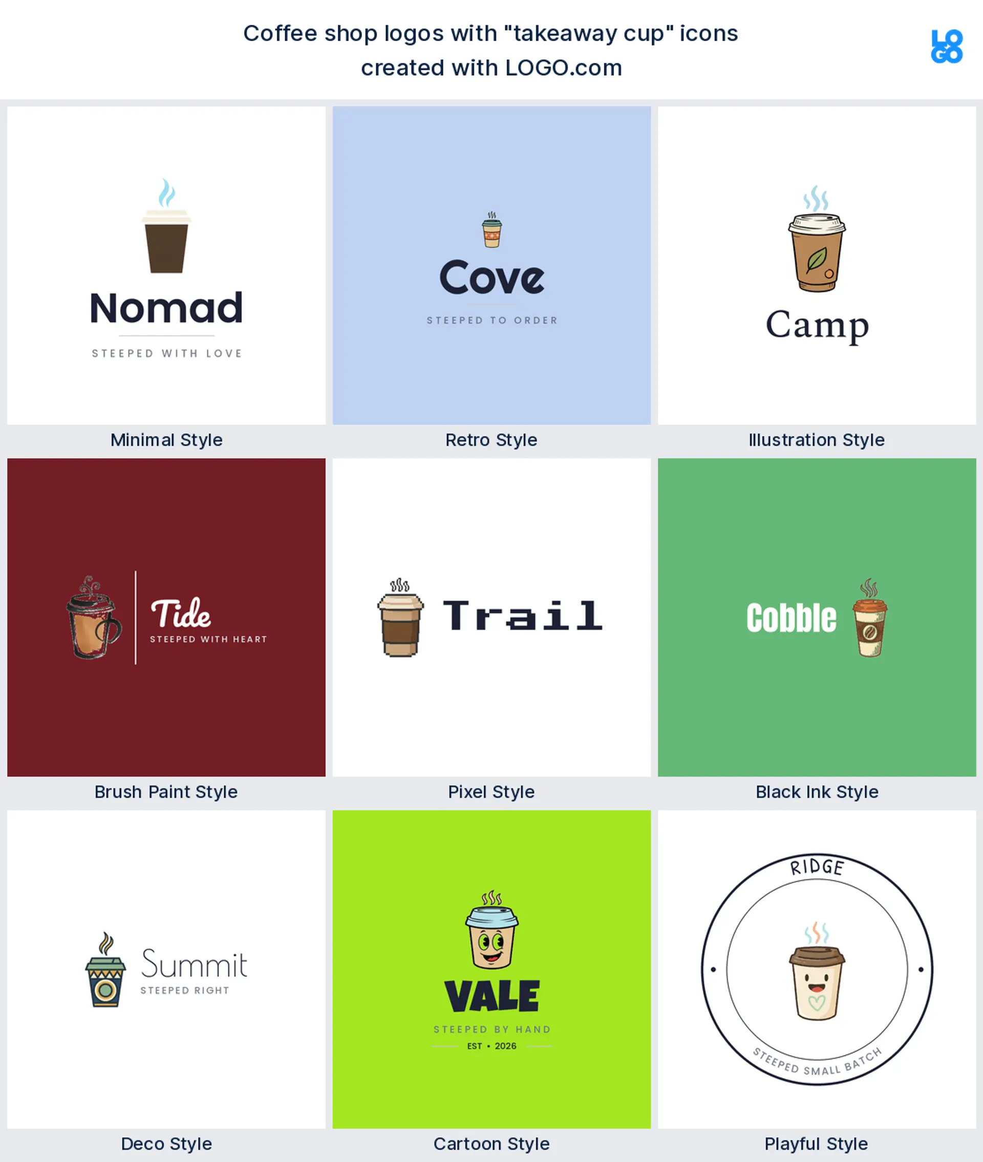 Takeaway coffee cup logo shown in nine LOGO.com styles