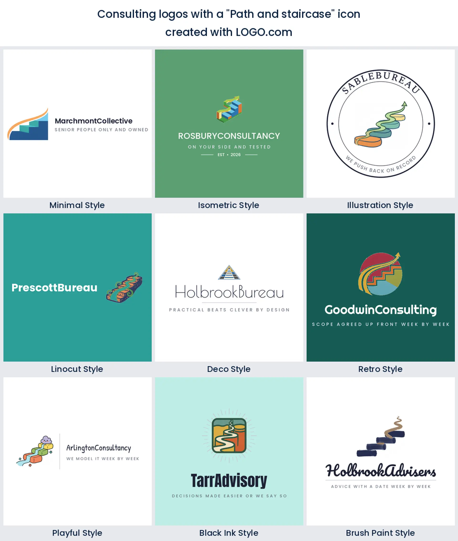 Nine styles of consulting logo built on rising steps and a path