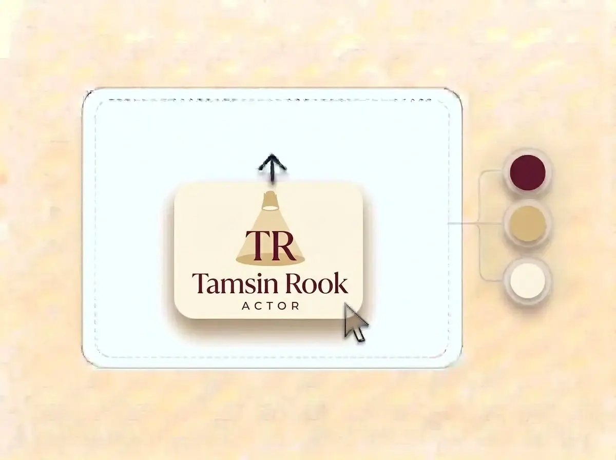 Tamsin Rook logo, a soft gold spotlight on a deep burgundy TR monogram on an ivory card, dropped into the LOGO.com upload box with its colors split into swatches