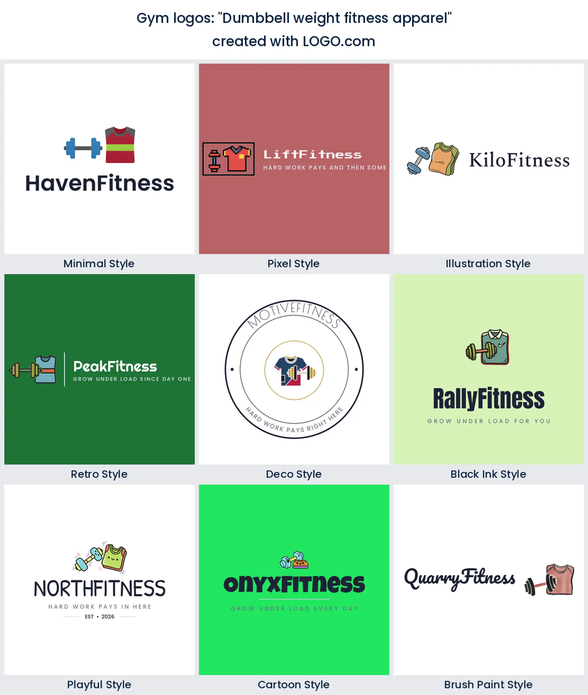 Fitness apparel dumbbell logo shown across nine LOGO.com styles