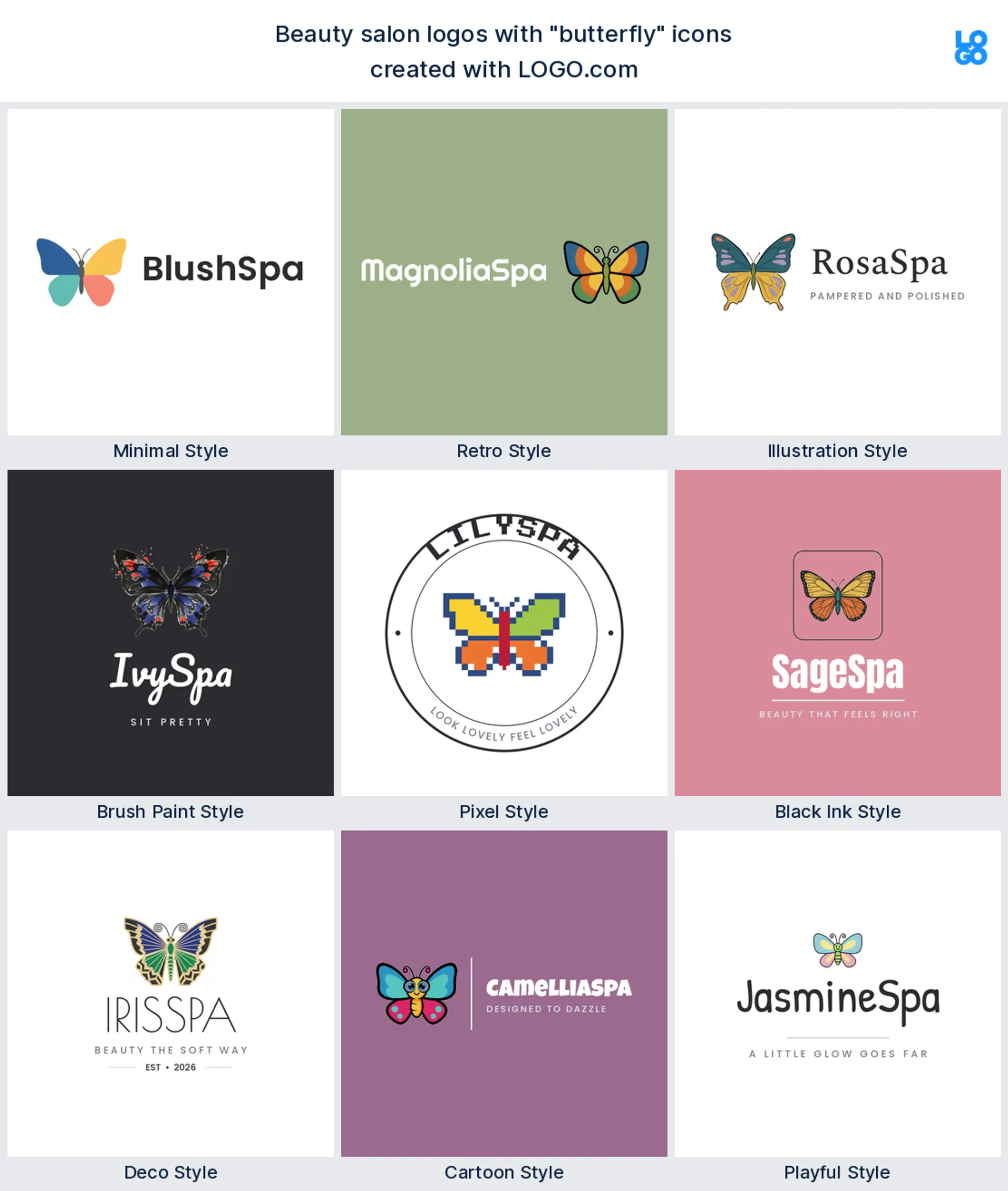 Butterfly, retro beauty salon logo shown in nine LOGO.com styles