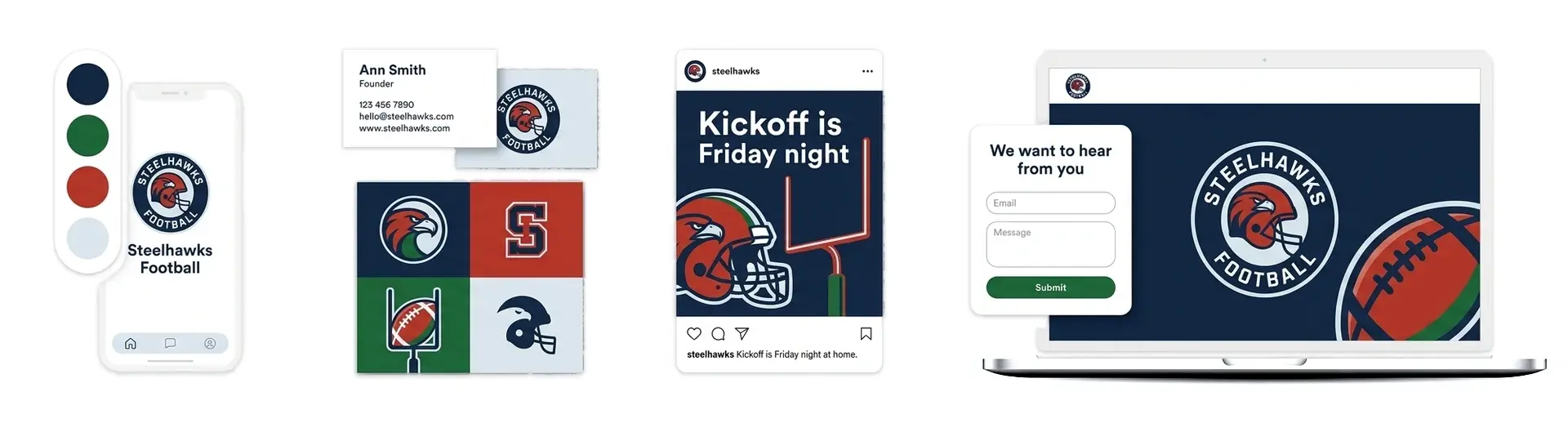 Football logo maker showcase brand kit shown on a helmet decal, a phone, and a team website