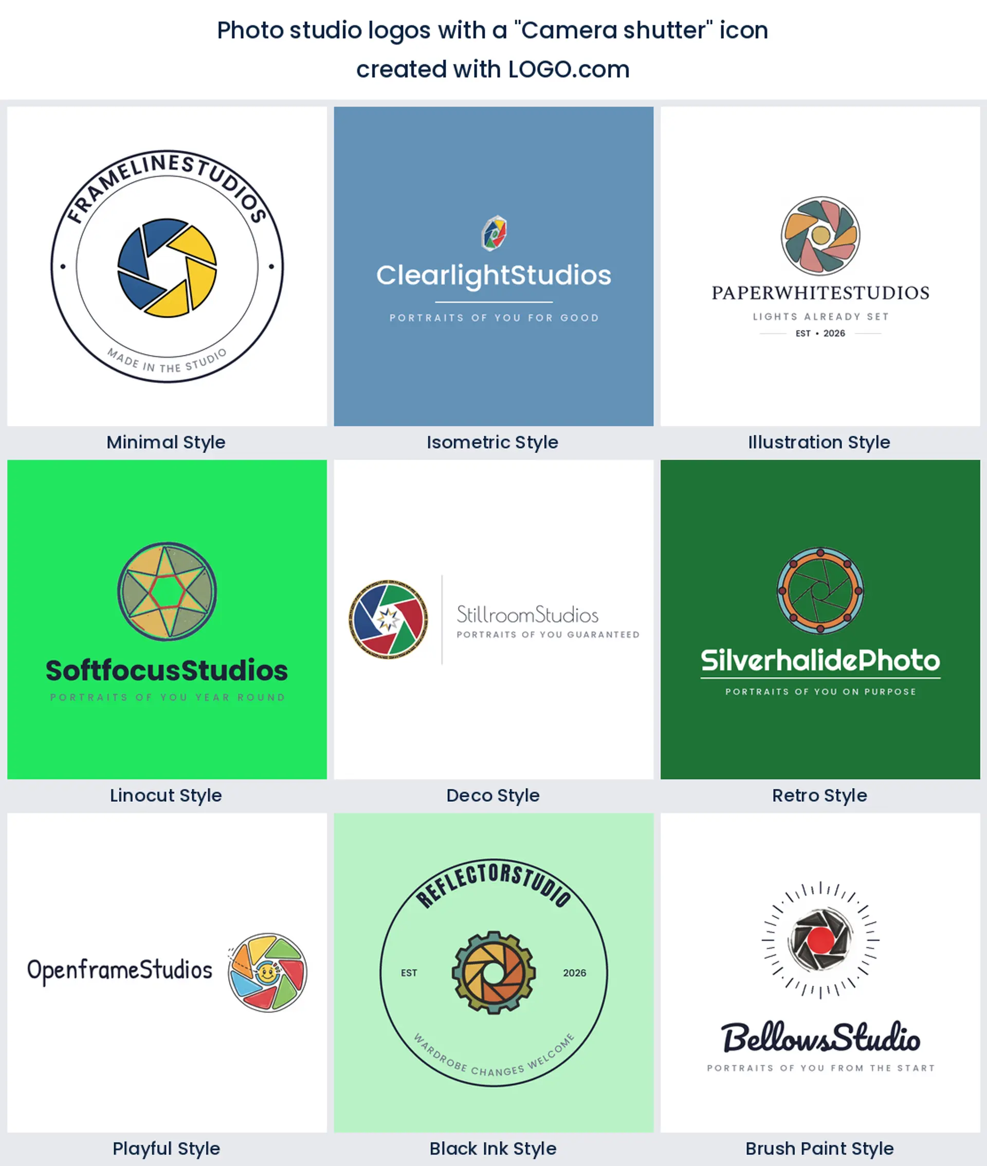 Photo studio logos with a camera shutter mark rendered in nine styles