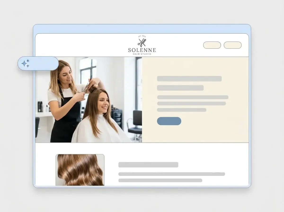 Finished Solenne Hair Studio website built by LOGO.com from the uploaded logo, with a stylist cutting a client's hair in the hero and a glossy waves thumbnail