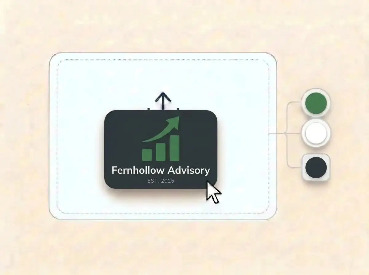 Fernhollow Advisory logo, three forest green rising bars with an arrow on a charcoal card, dropped into the LOGO.com upload box with its colors pulled out as swatches