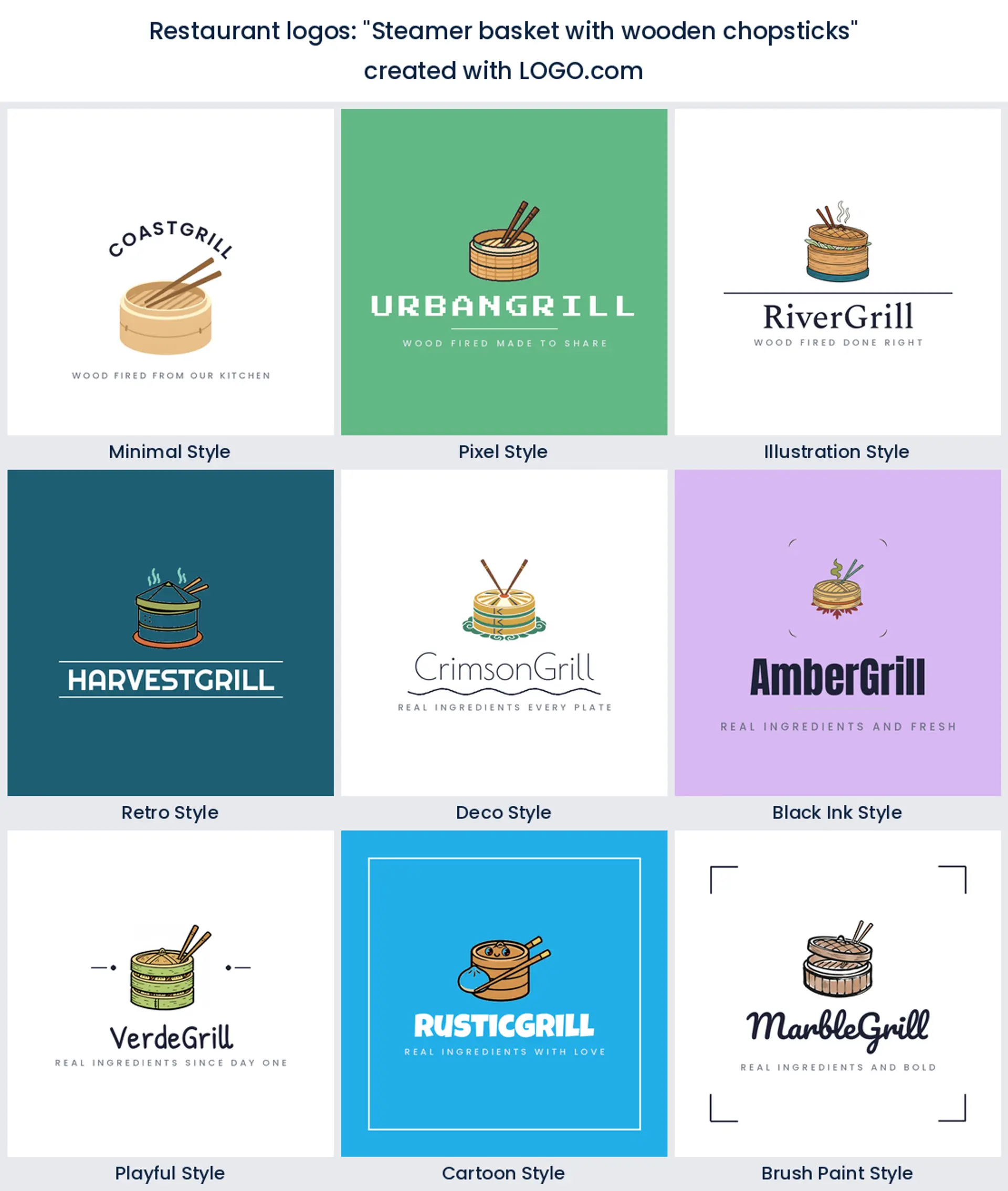 Steamer basket and chopsticks restaurant logo in nine styles.