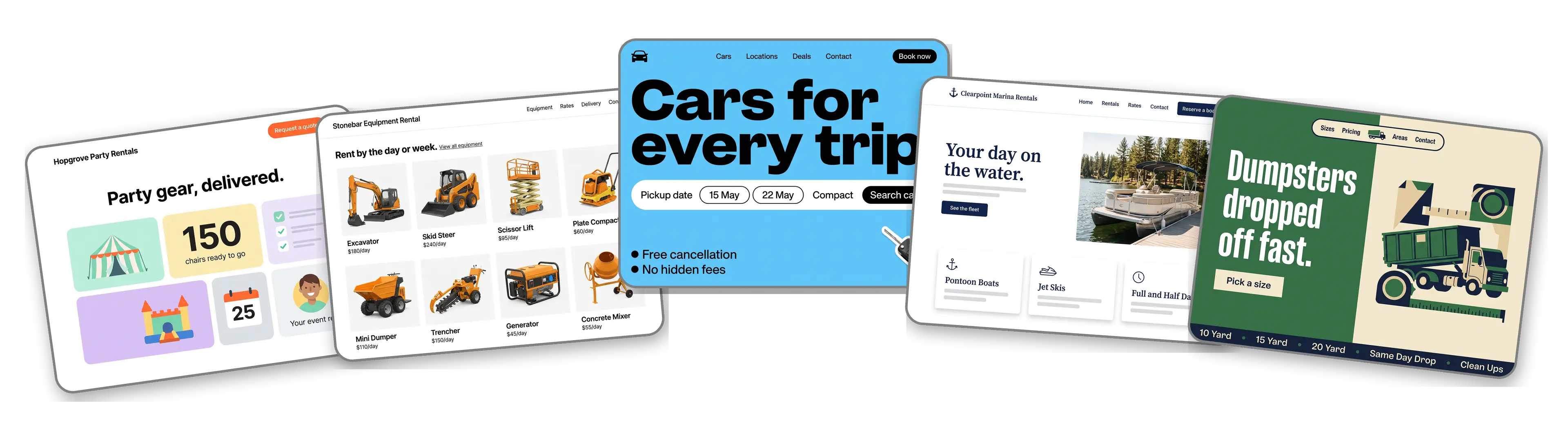 Five rental business websites built with LOGO.com from a logo upload: a party rental company, an equipment rental yard, a car rental office, a boat and jet ski rental and a dumpster rental service