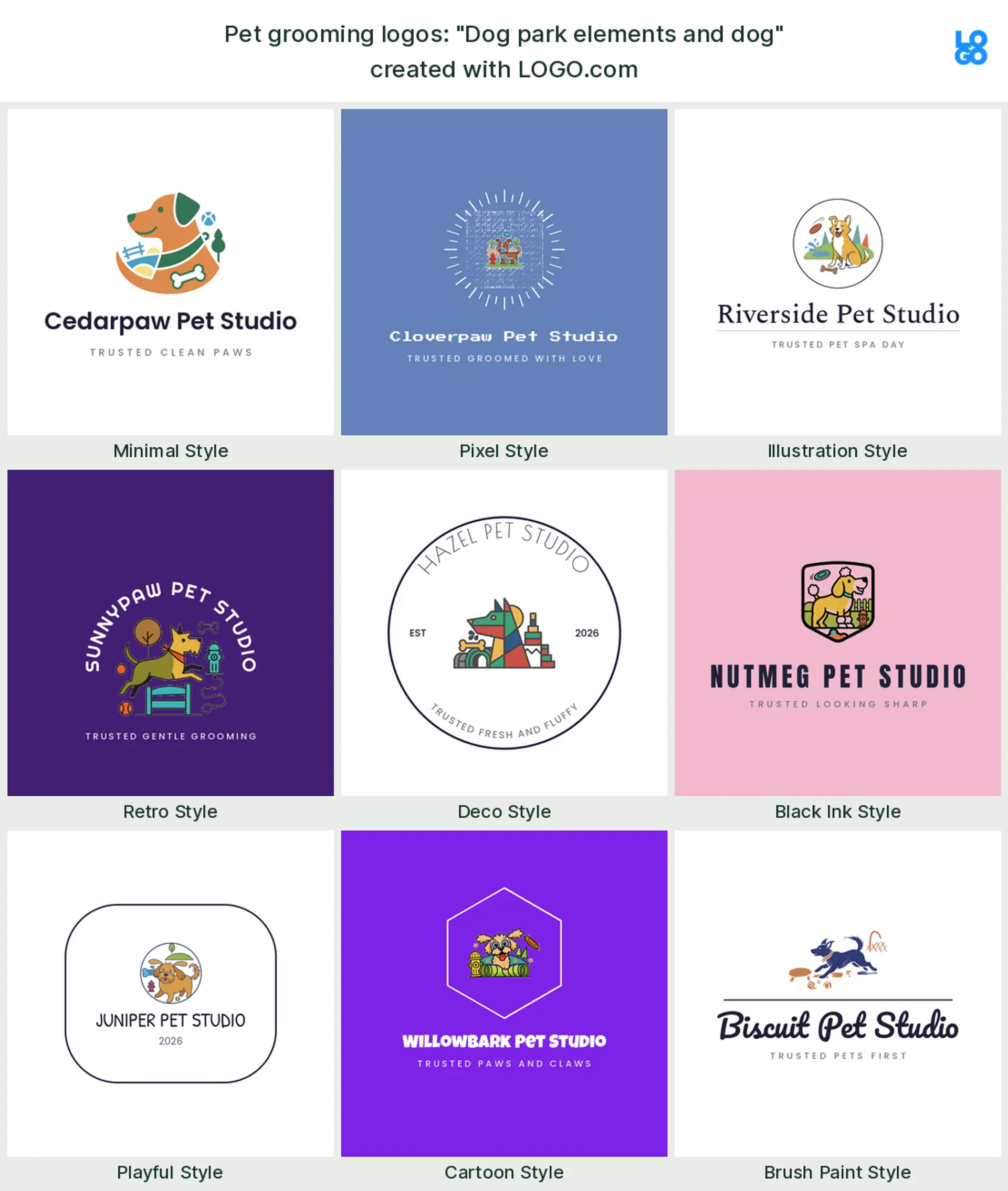 The "Dog park elements and dog" pet grooming logo idea, shown across nine styles on LOGO.com