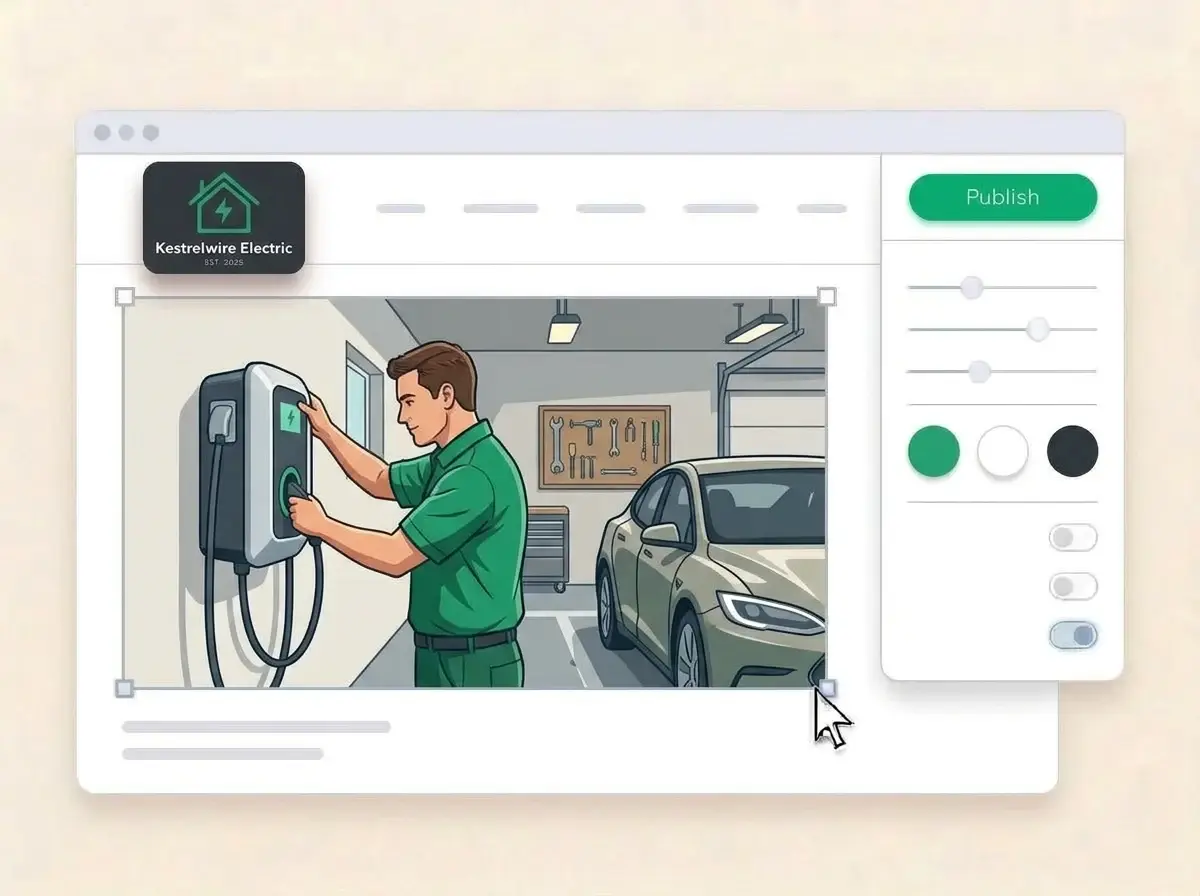 Editing the Kestrelwire Electric website with a photo of an electrician mounting an EV charger on a garage wall selected, the style panel open and the Publish button ready
