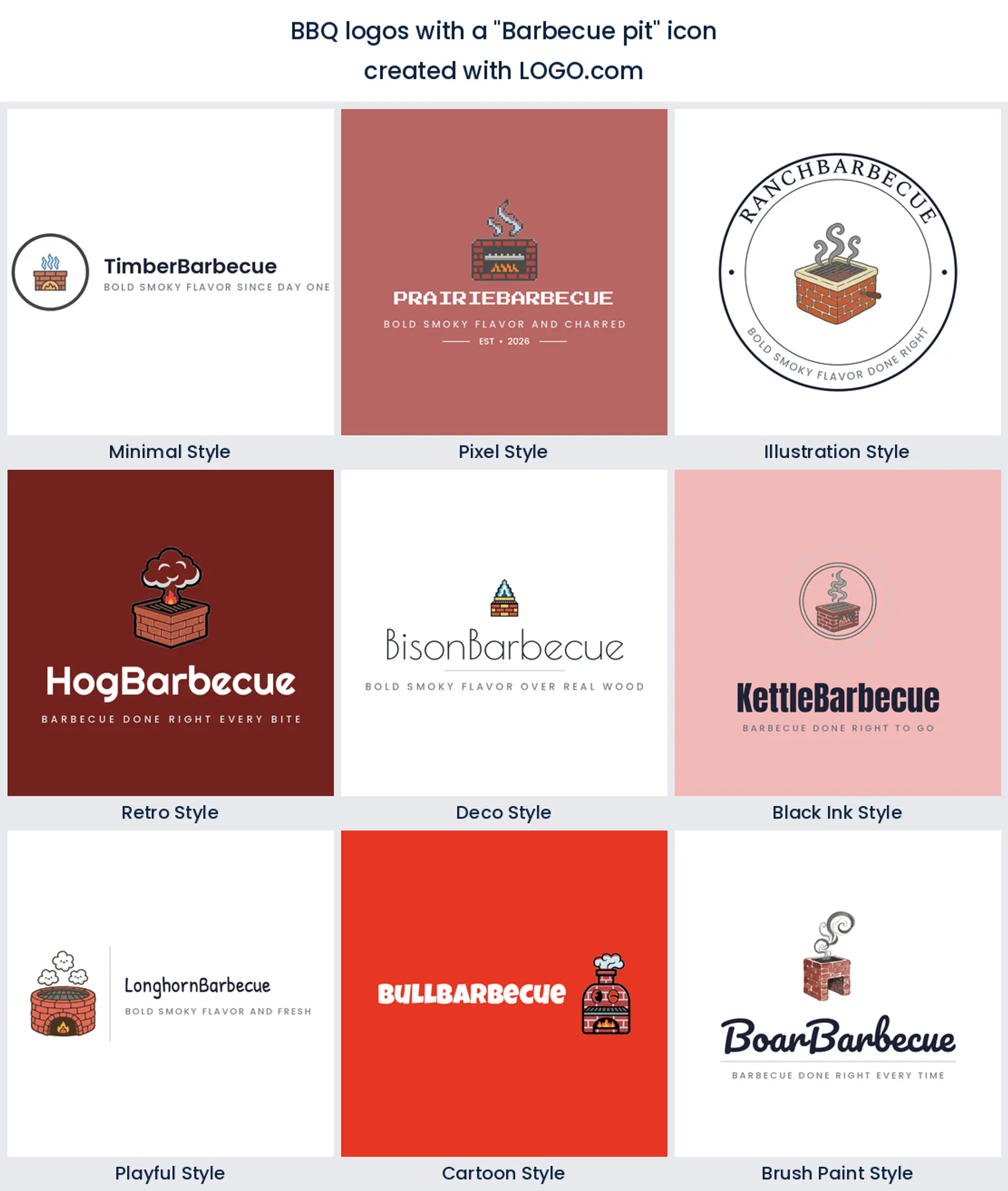 Barbecue pit bbq logo shown in nine LOGO.com styles.