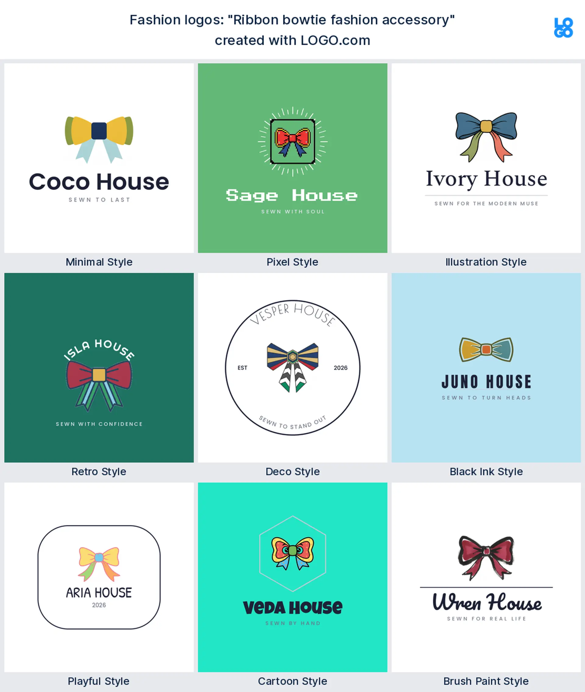 The "Ribbon bowtie fashion accessory" logo idea shown across nine LOGO.com styles