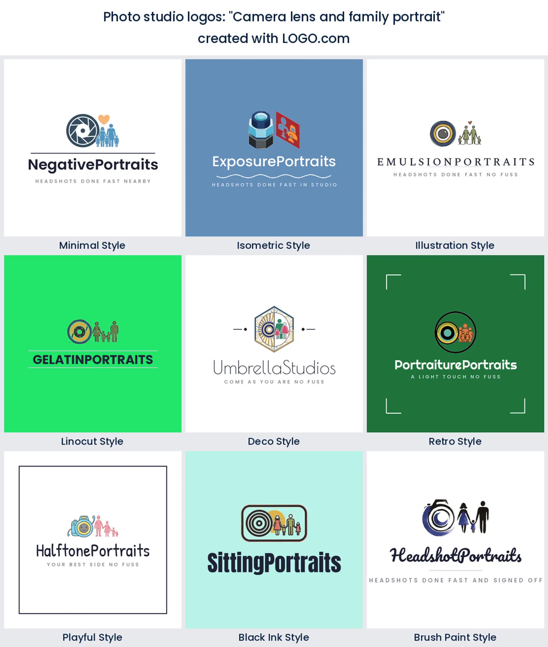 Photo studio logos from the prompt camera lens and family portrait in nine styles