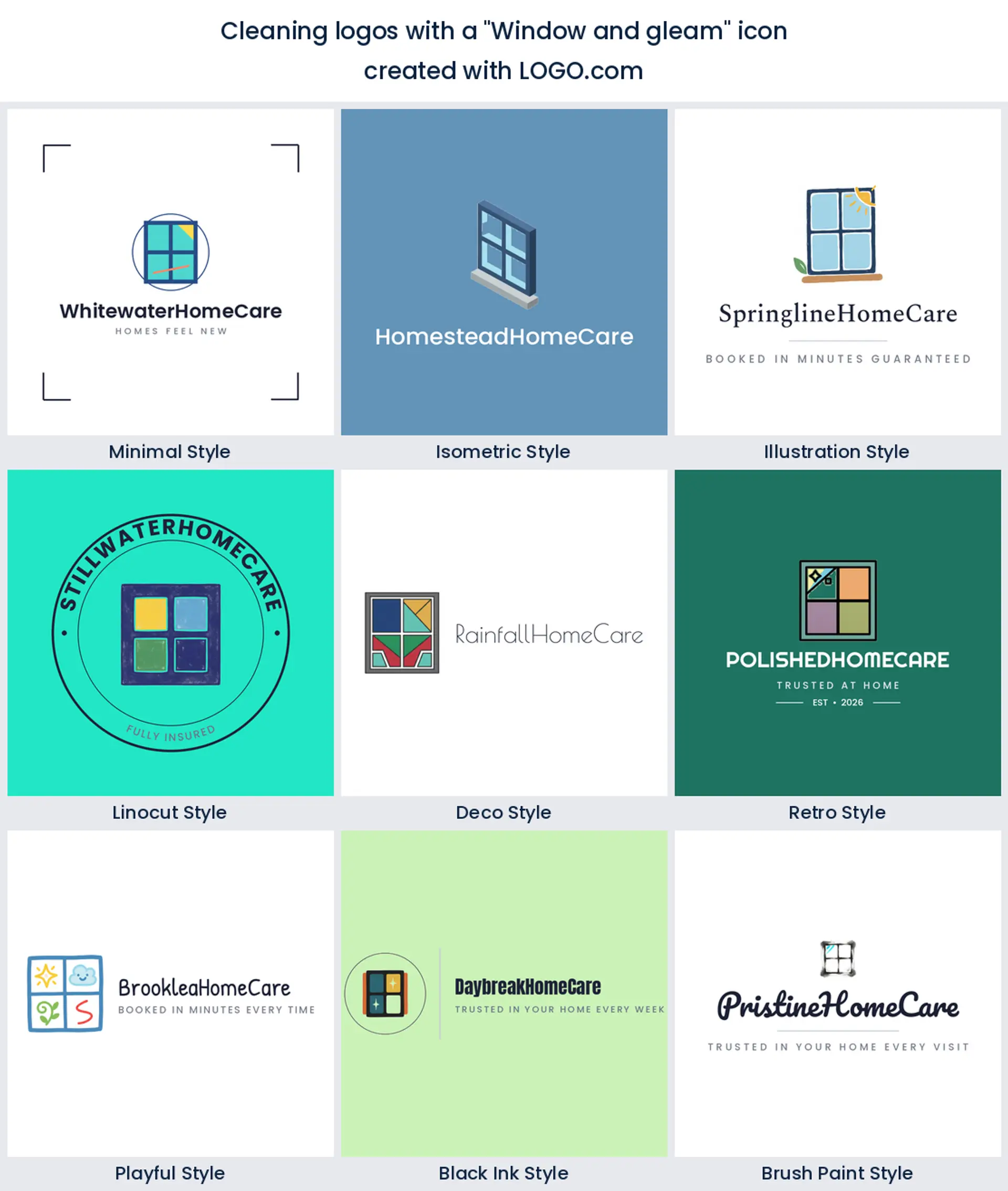 Window cleaning logo shown in nine LOGO.com styles