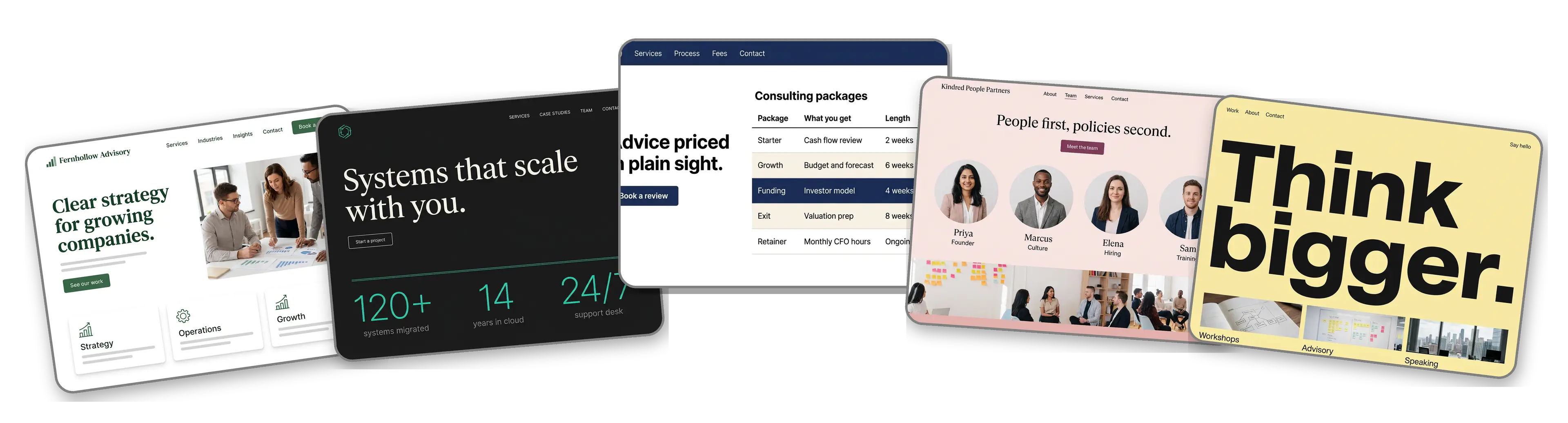 Five consulting websites built with LOGO.com from a logo upload: a management consulting firm, an IT and technology consultancy, an independent financial consultant, an HR and people consultancy and a solo strategy consultant