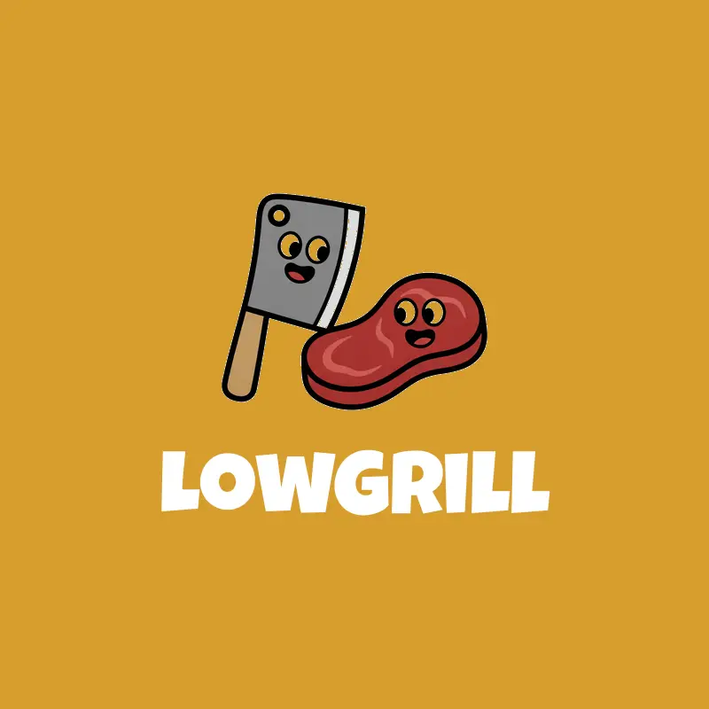 A cartoon meat cleaver and steak logo on a yellow background.