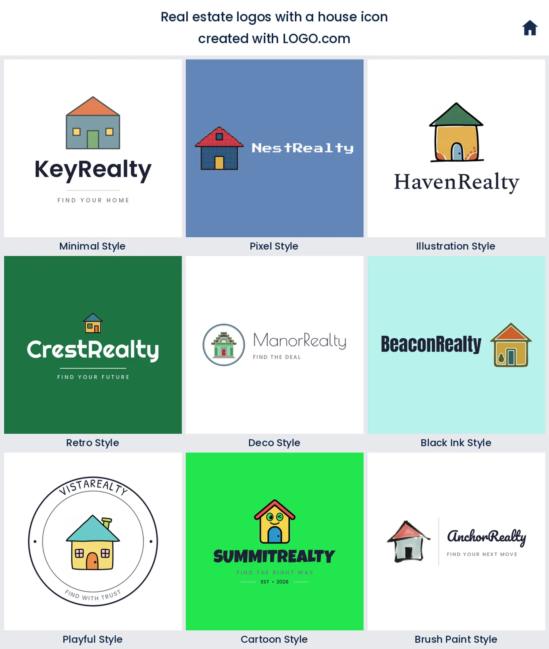 House real estate logo shown in nine LOGO.com styles
