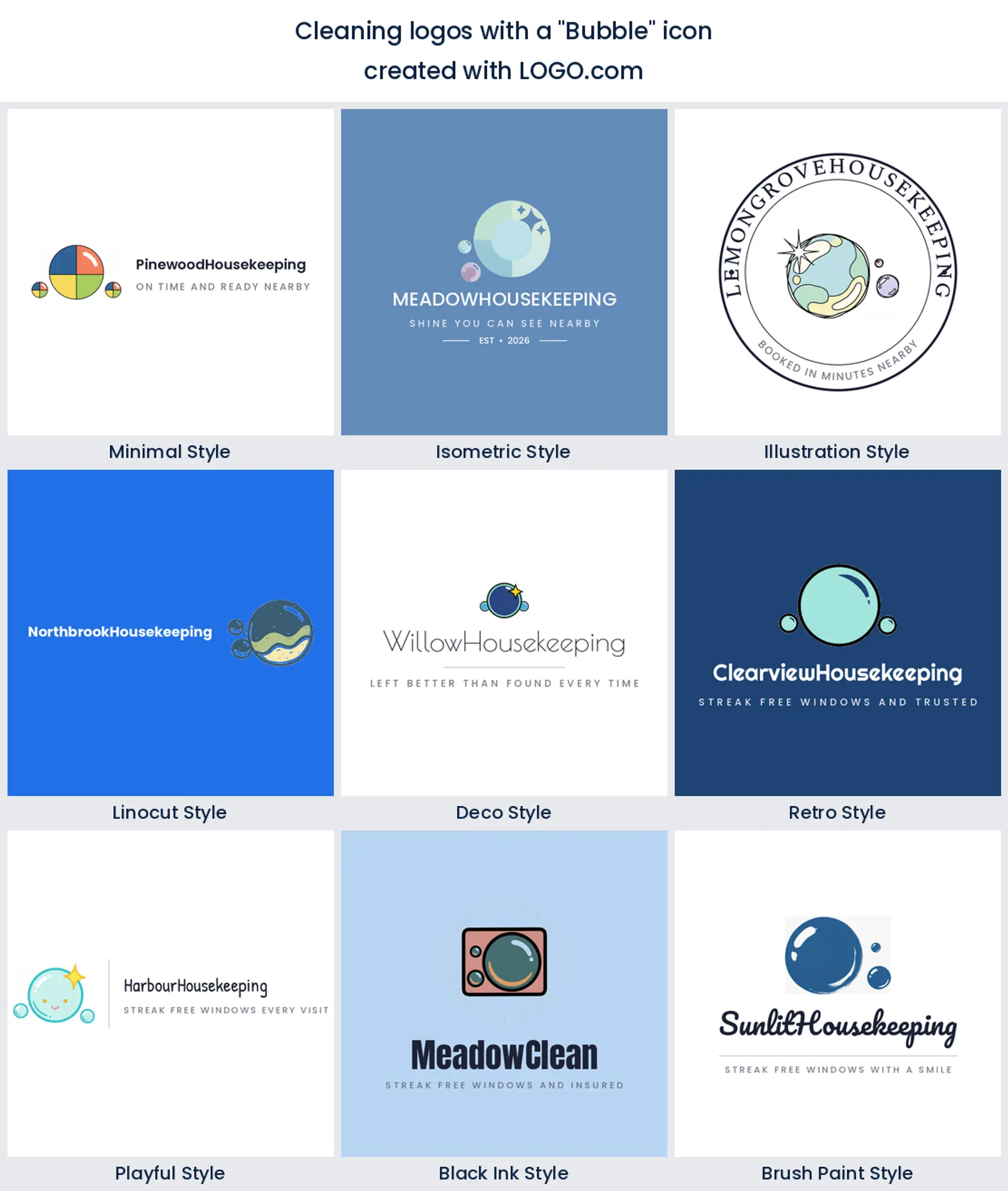 Bubble cleaning logo shown in nine LOGO.com styles