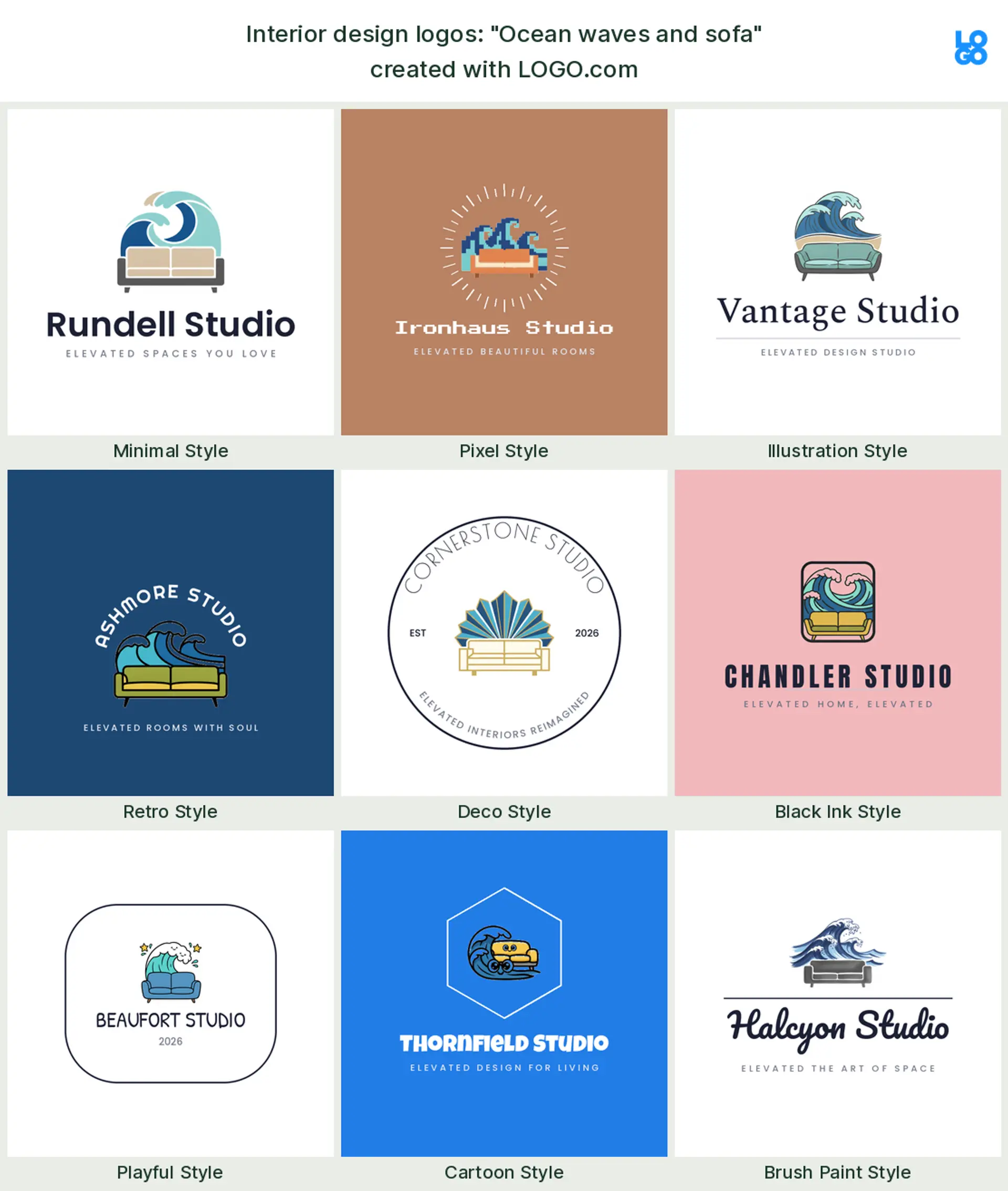 The "Ocean waves and sofa" interior design logo idea, shown across nine styles on LOGO.com