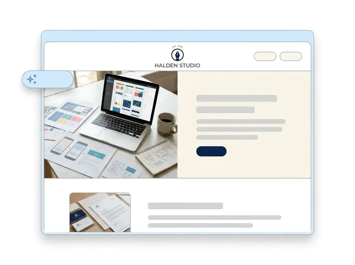 Finished Halden Studio portfolio website built by the portfolio website builder from the uploaded logo, with a designer's desk hero image and a print samples thumbnail