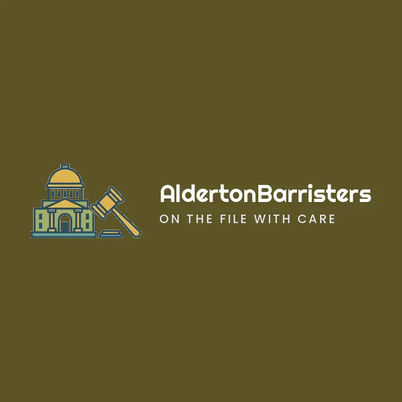 Retro legal firm logo for AldertonBarristers with a domed capitol beside a gavel on olive