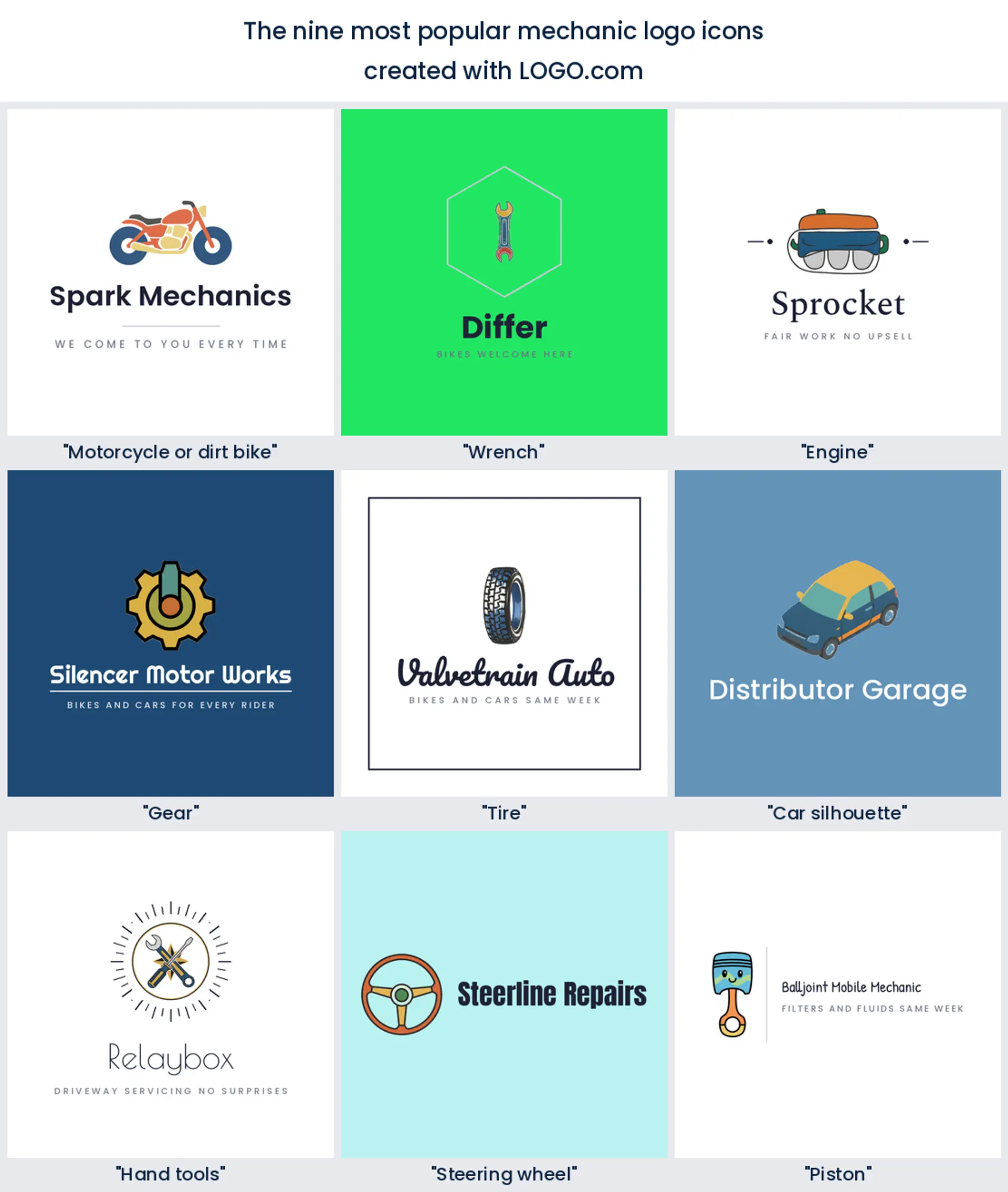 The nine most requested mechanic logo icons on LOGO.com