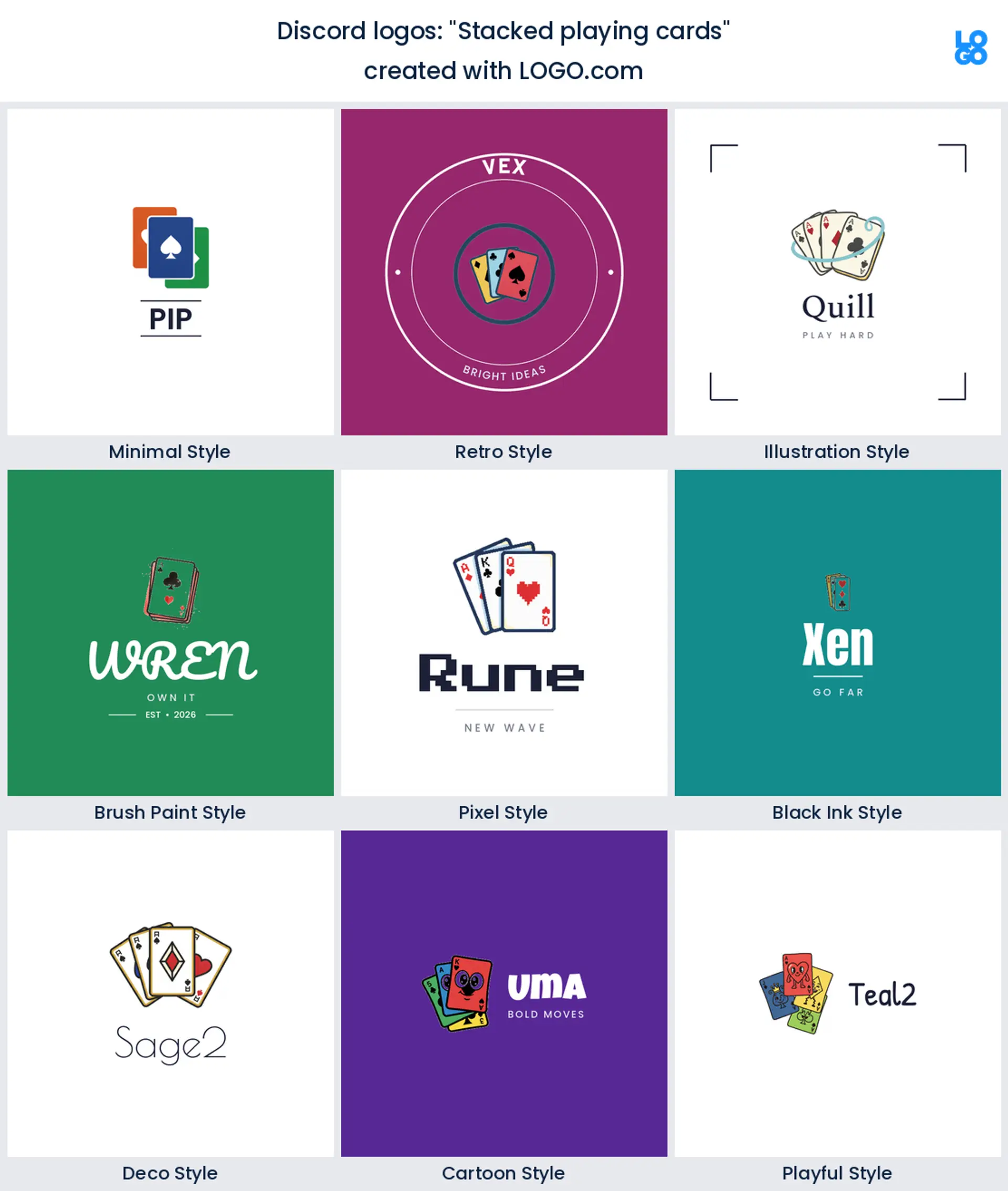 Stacked playing cards, Discord server logo shown in nine LOGO.com styles