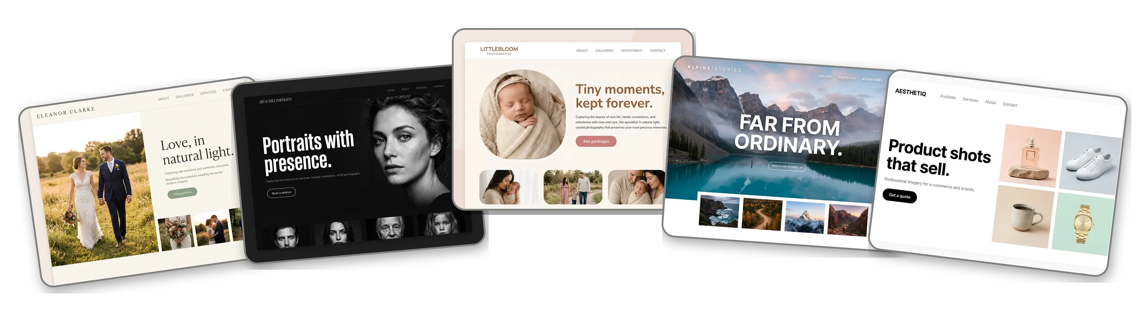 Five photography websites built by the LOGO.com photography website builder: wedding, portrait, newborn, landscape and product photography sites