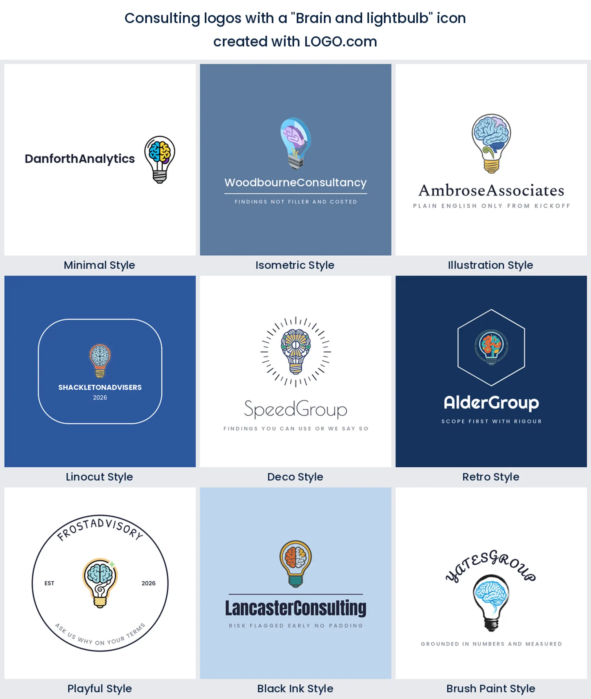 Nine styles of consulting logo built on a lightbulb holding a brain