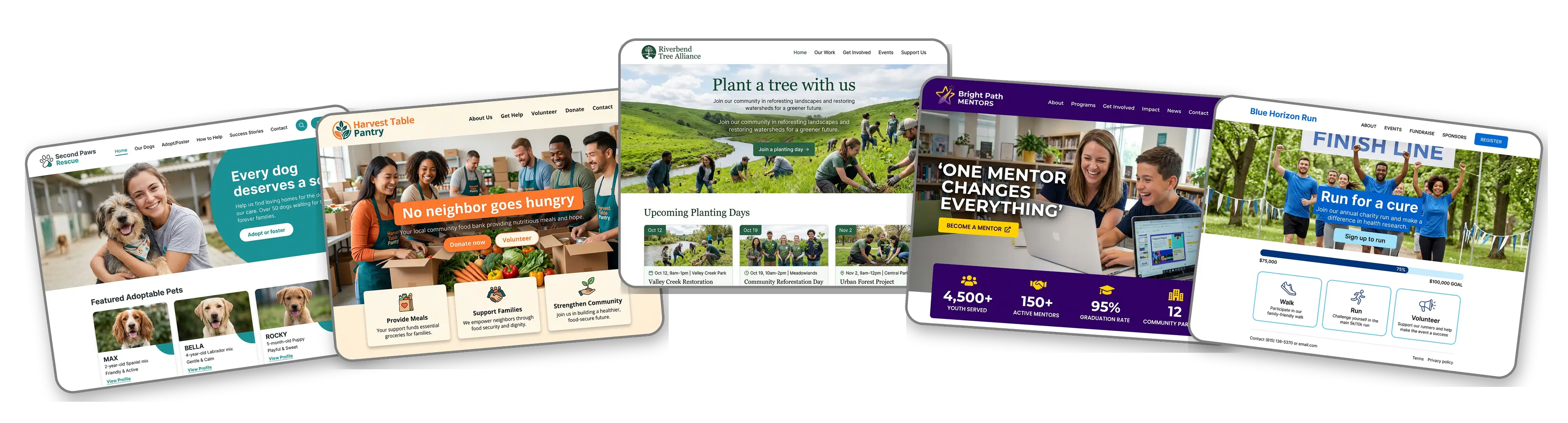 Five nonprofit websites built with LOGO.com from a logo upload: an animal rescue charity, a community food bank, an environmental charity, a youth mentoring nonprofit and a charity fundraising run