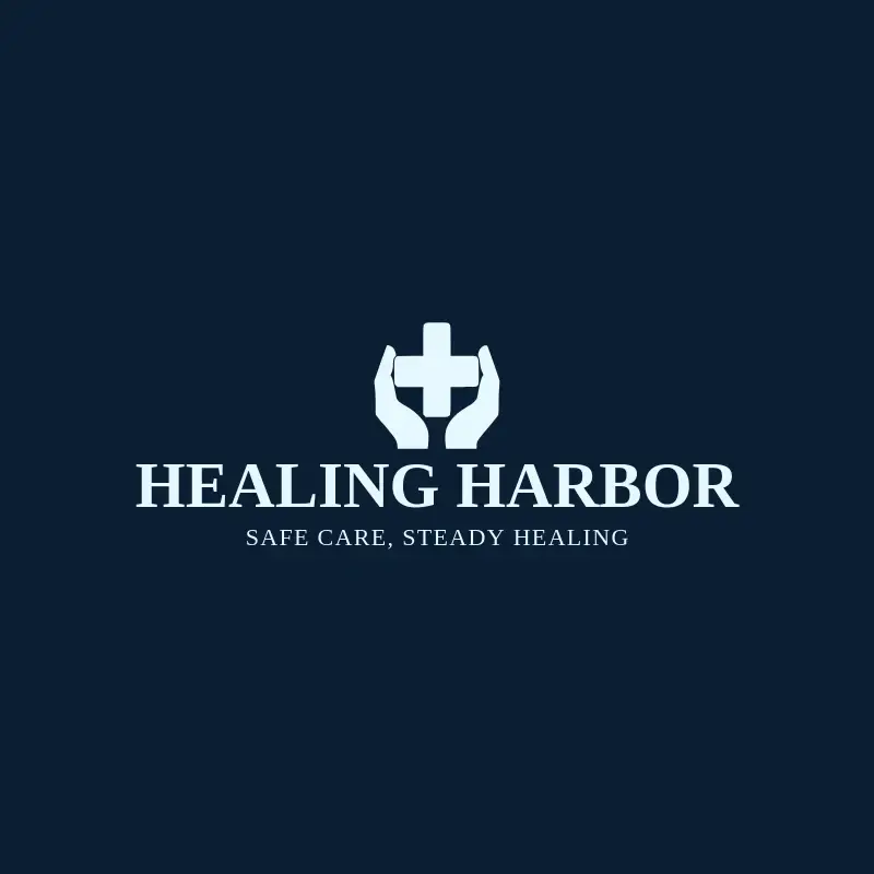 The hospital name Healing Harbor as a branded logo with a single color icon