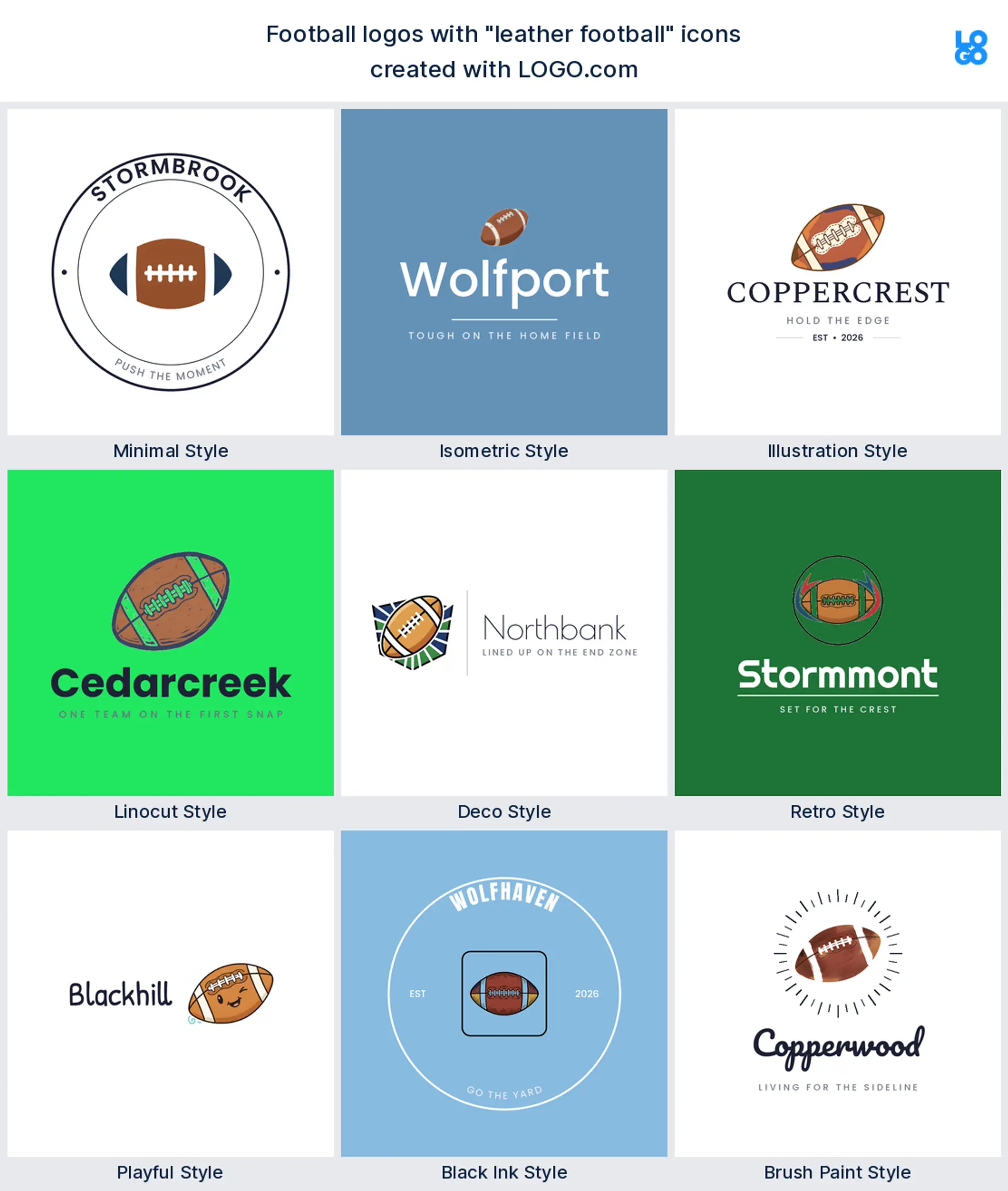 Leather football logo shown in nine LOGO.com styles
