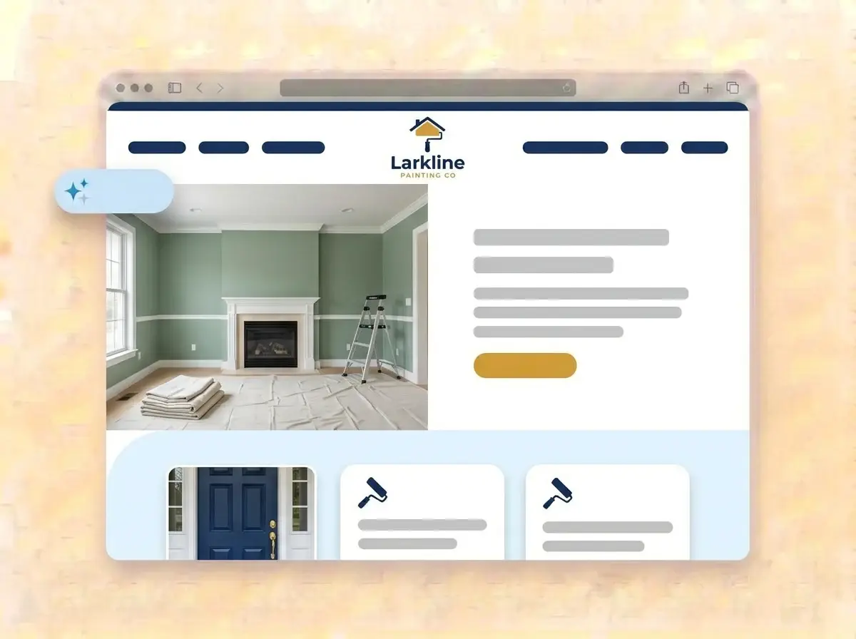 Finished Larkline Painting Co website built by LOGO.com from the uploaded logo, with a sage green living room and white trim in the hero photo
