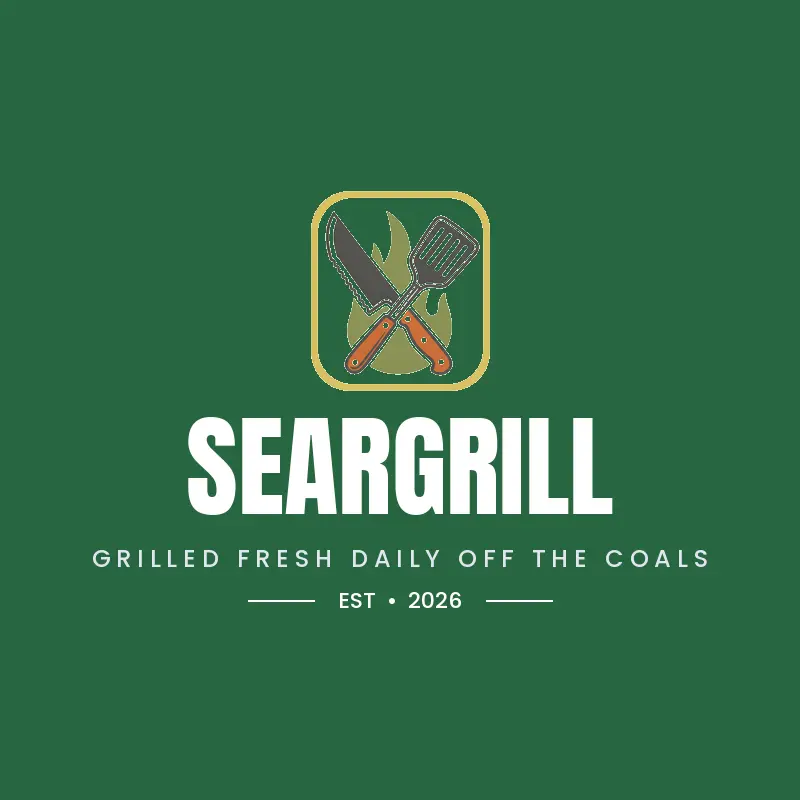 A one color steak knife and crossed spatula logo on a green background.