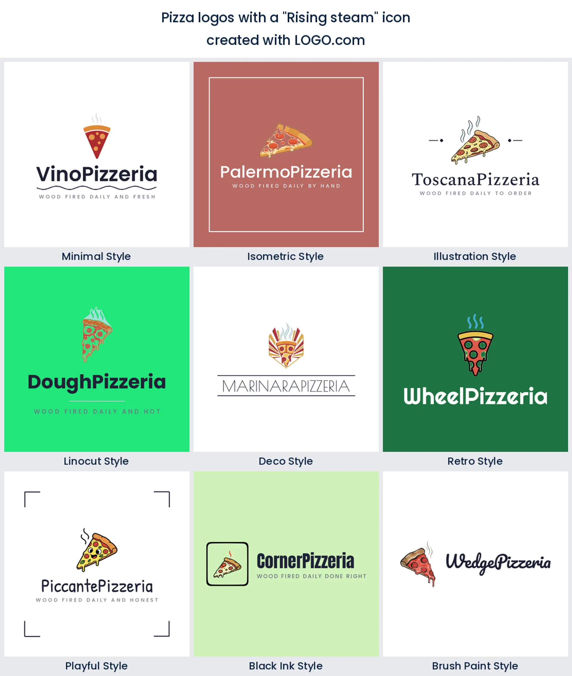 Rising steam pizza logo shown in nine LOGO.com styles.